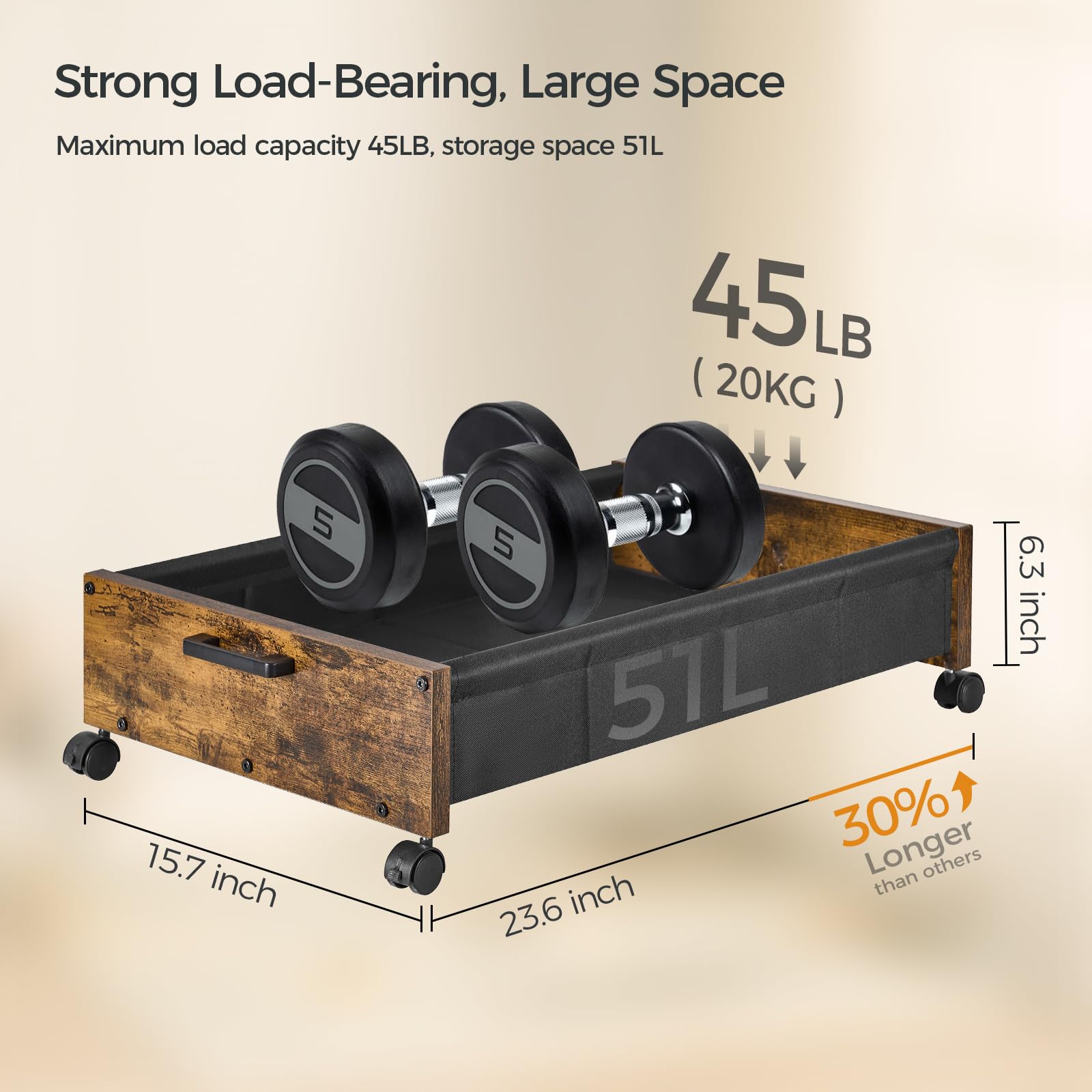 FOUCSSOMEI Under Bed Storage with Wheels, Longer Size 31.5'' in, under bed Storage Containers, Storage Box, Wooden Under Bed Dra