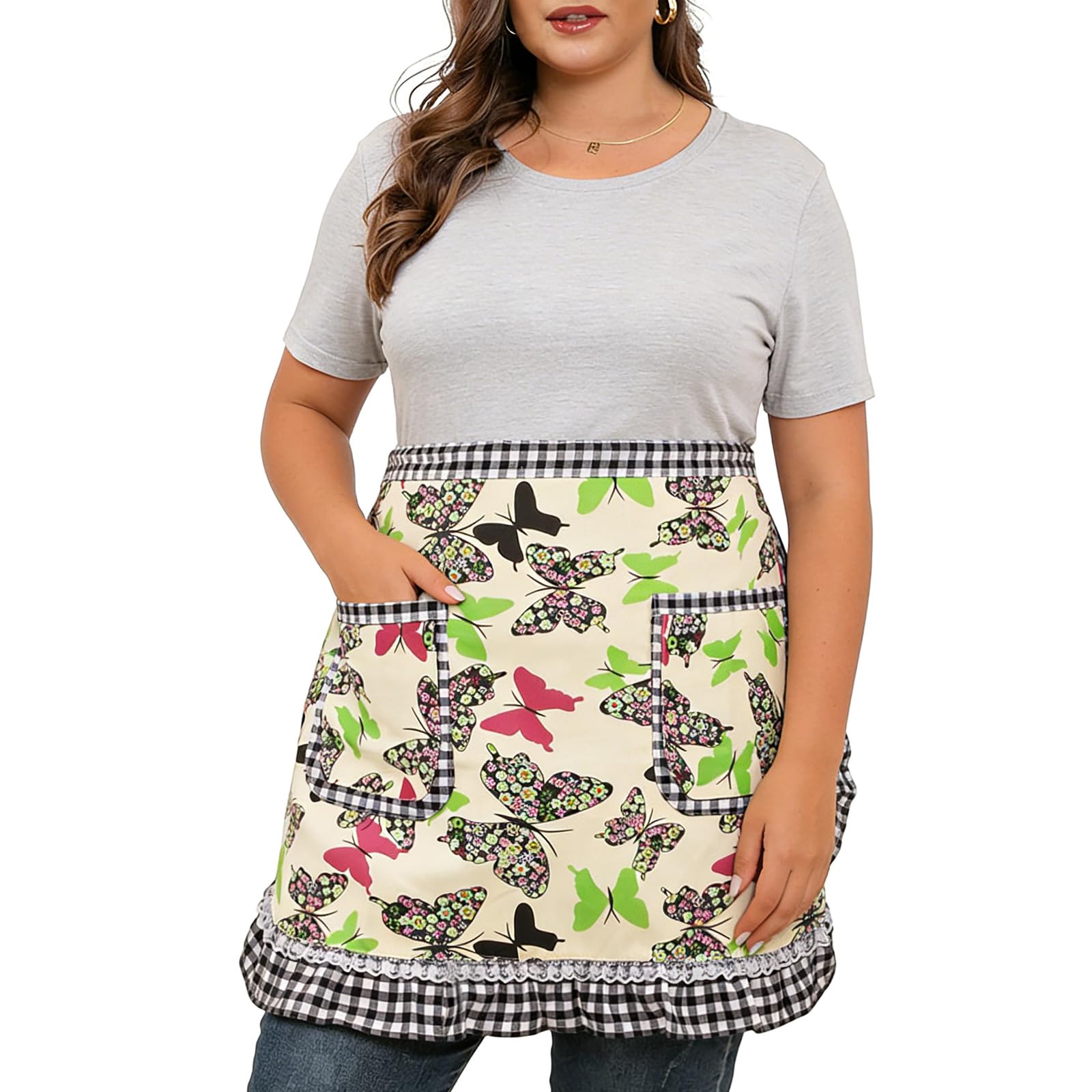 Love Potato Plus Size Green Butterfly Waist Apron For Women  Stylish & Functional For Work & Home