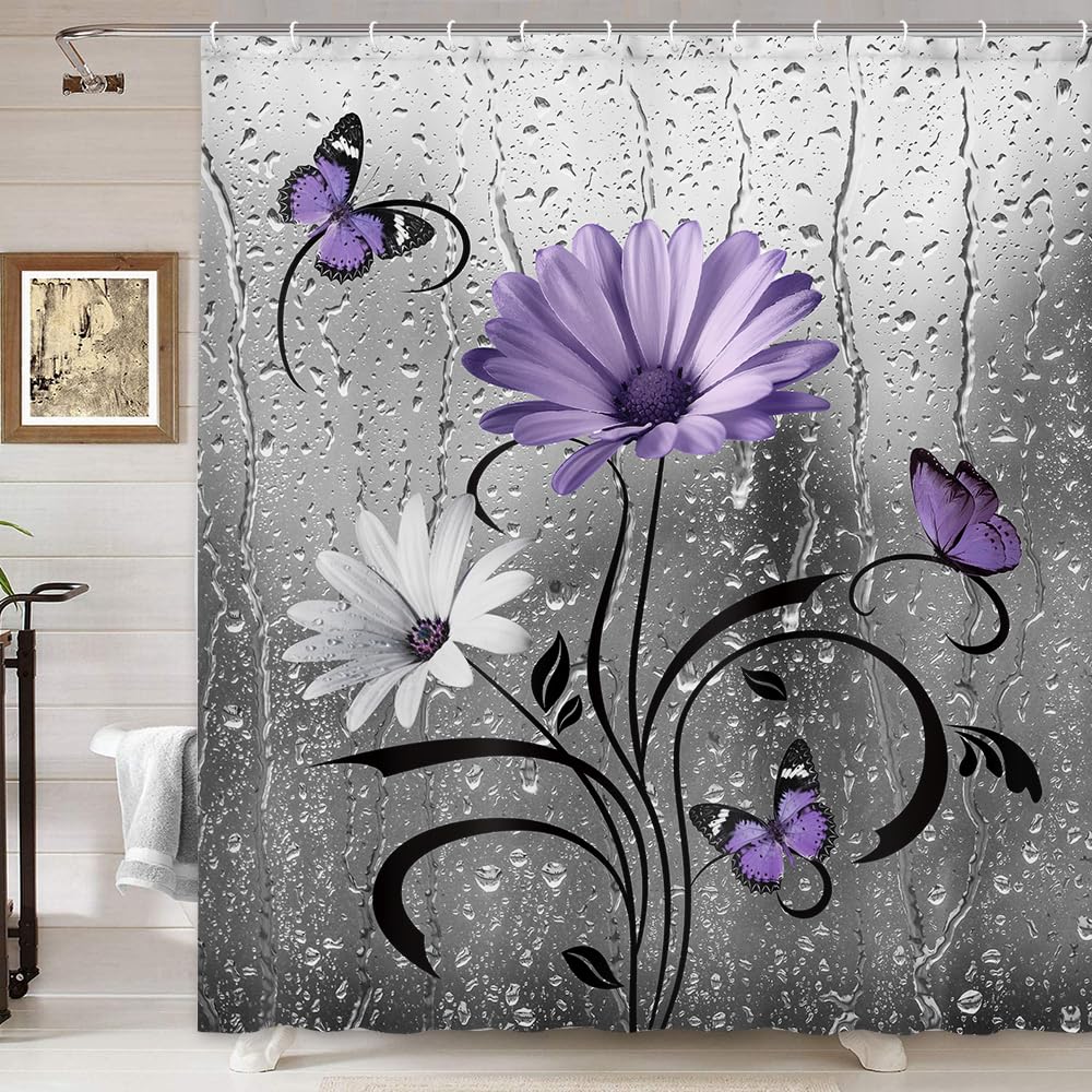 Uokiuki Rustic Purple Floral Boho Shower Curtain, Country Farmhouse Daisy Flowers And Butterfly Shower Curtain For Bathroom, Gre