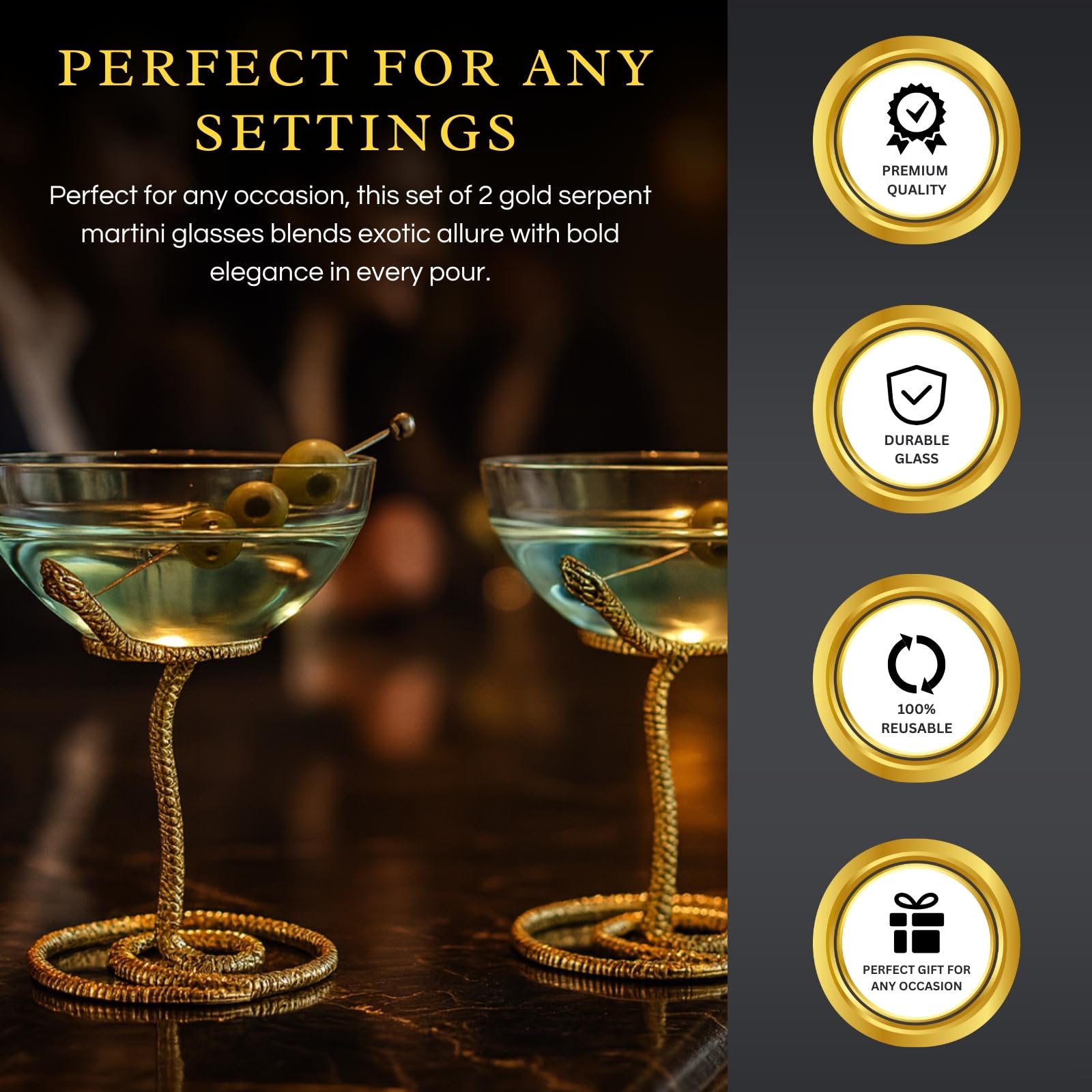 Snake Serpent Cocktail Glasses - 2 Set Gold Design Unique Reptile Inspired Barware