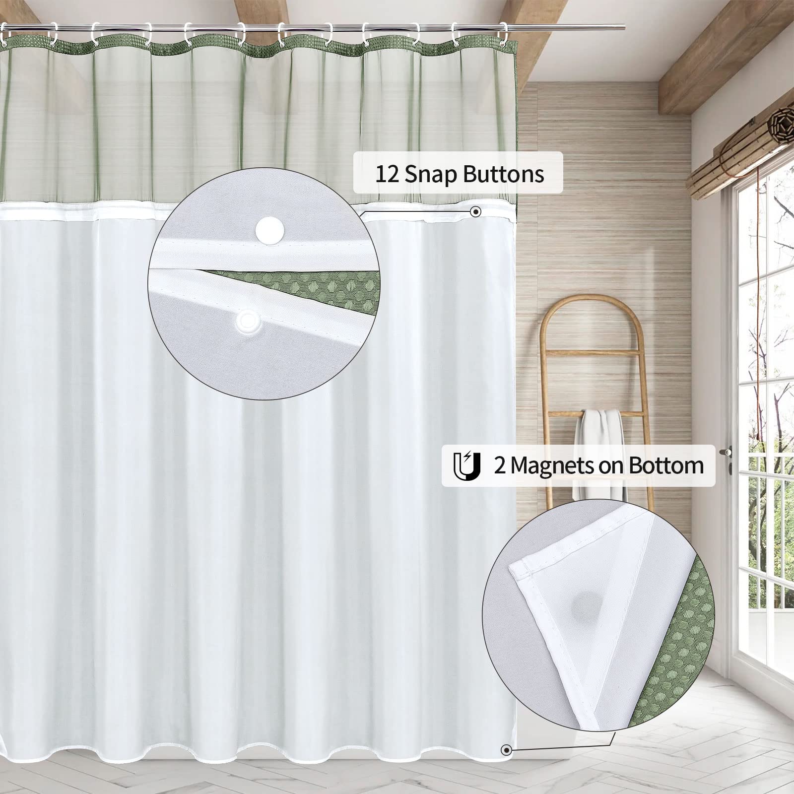 MitoVilla Green Waffle Shower Curtain Set with Snap-in Liner  Modern Sage Green Waffle Weave Fabric Shower Curtain for Luxury Neutral Hotel & Spa Bathroom Decor  72 x 72