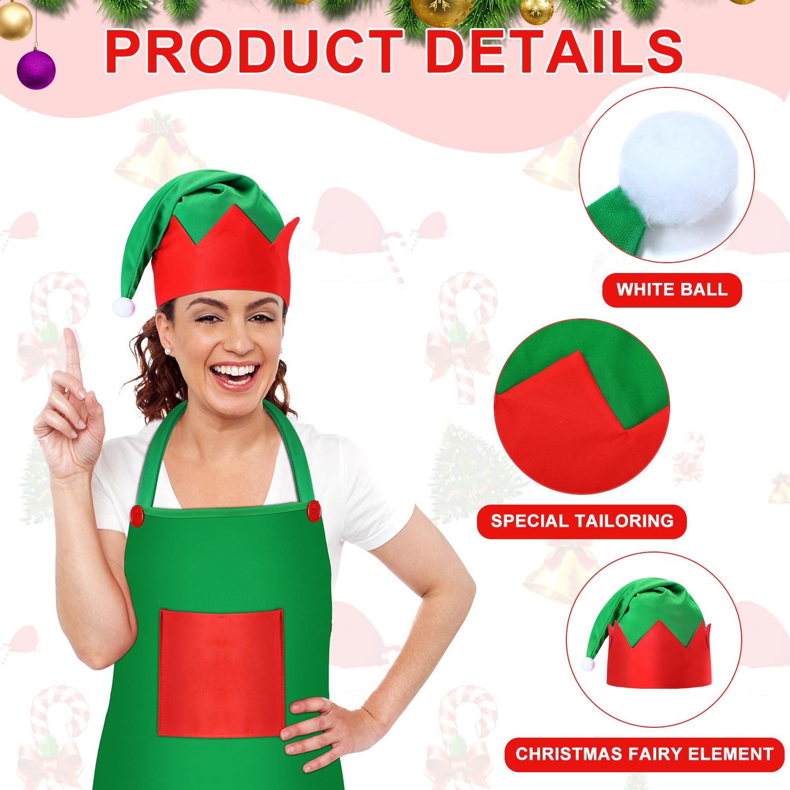 16 Pieces Christmas Elf Apron Kits Red and Green Adults Elf Costume for Women Santa Aprons Hats Christmas Party Costume (Green)