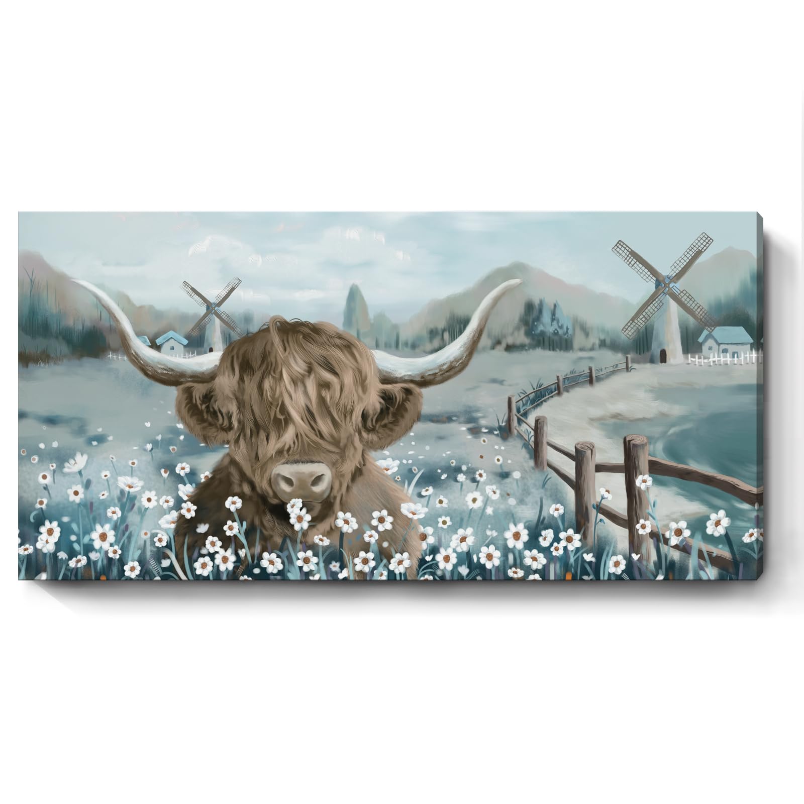 Large Highland Cow Wall Art For Living Room Animal Canvas Print Rustic Farmhouse Cow Picture Cattle In The White Daisy Flower Bu