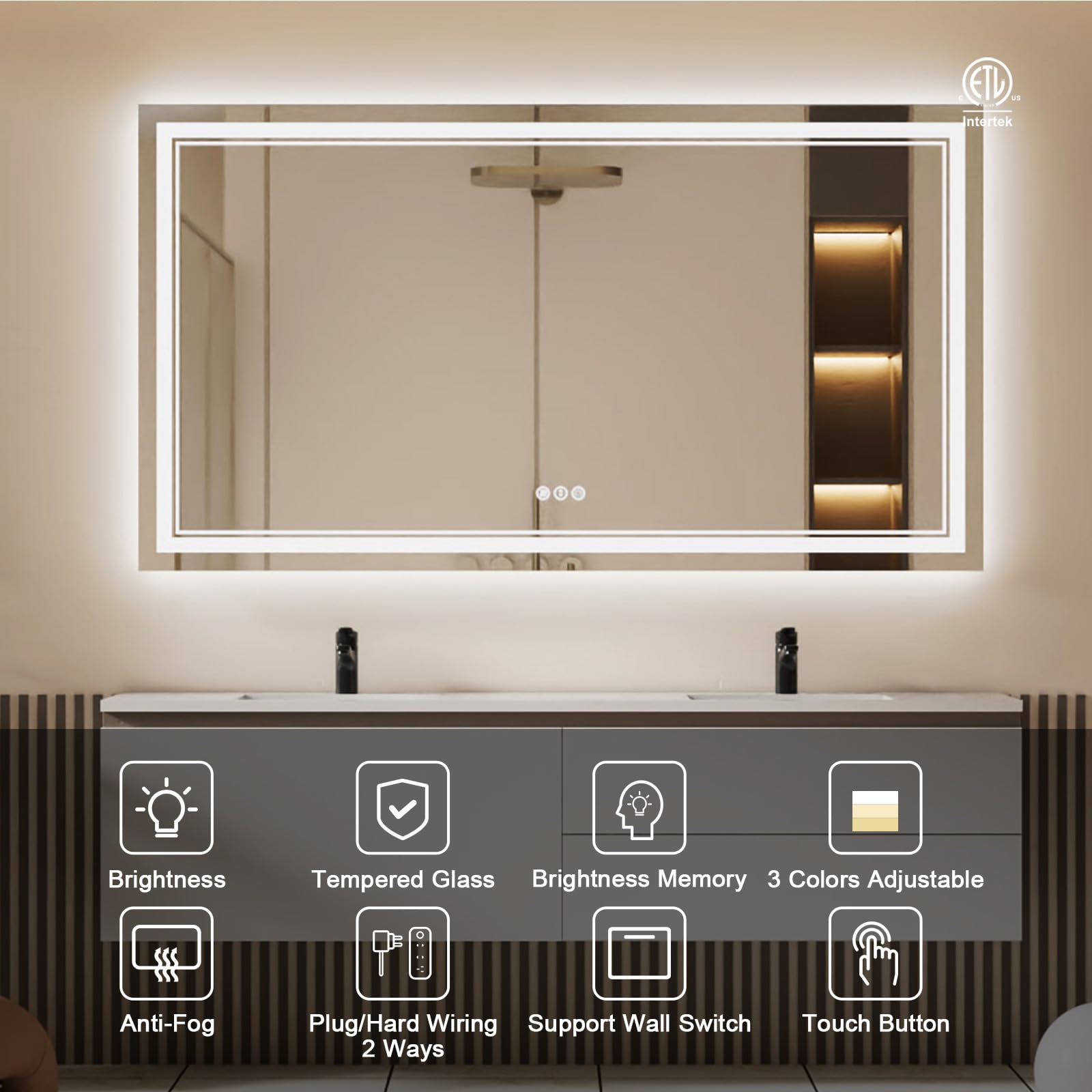 Istripmf 72X40 Inch Led Bathroom Mirror With Lights, Backlit And Front Lighted Bathroom Mirrors For Wall, Anti-Fog Dimmable Memo
