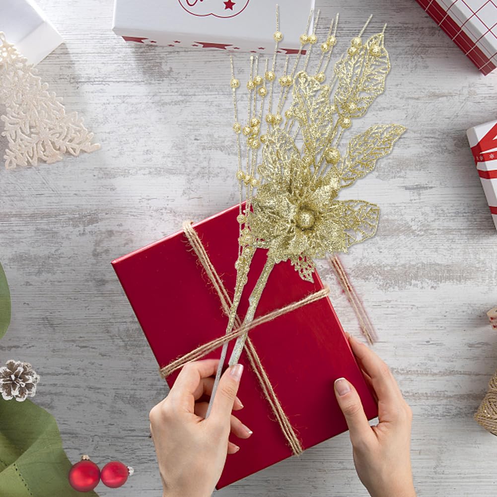 ROSELEAF 28 Pack Artificial Glitter Berry Stem Ornaments, Gold Christmas Ornaments Flower Branches Picks for Xmas Tree Decoratio