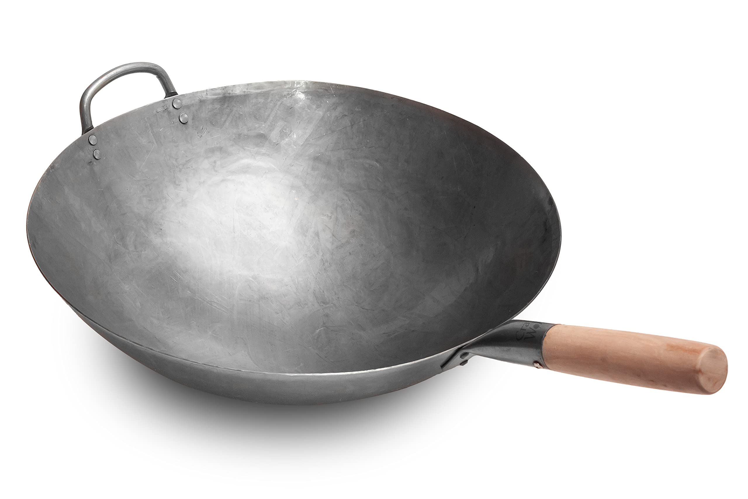 Craft Wok Big 16 Inch Heavy Hand Hammered Carbon Steel Pow Wok With Wooden And Steel Helper Handle (Round Bottom) / 731W138