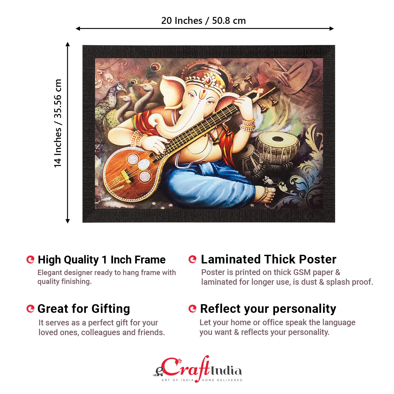 Ecraftindia Lord Ganesha Playing Musical Instrument Matt Textured Uv Art Painting (Synthetic Wood, 51 Cm X 36 Cm)