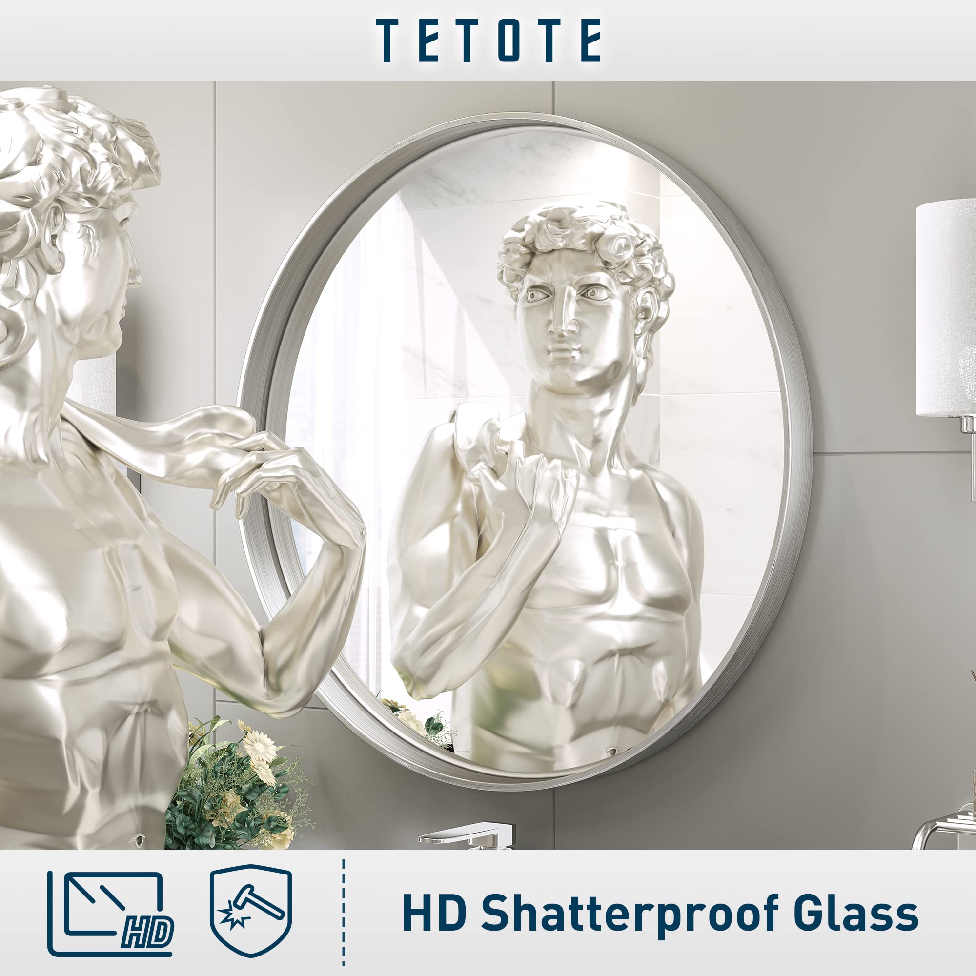 Tetote Silver Round Mirror For Bathroom, 24 Inch Modern Circle Mirrors, Wall Mounted Brushed Nickel Metal Framed Entryway Decora