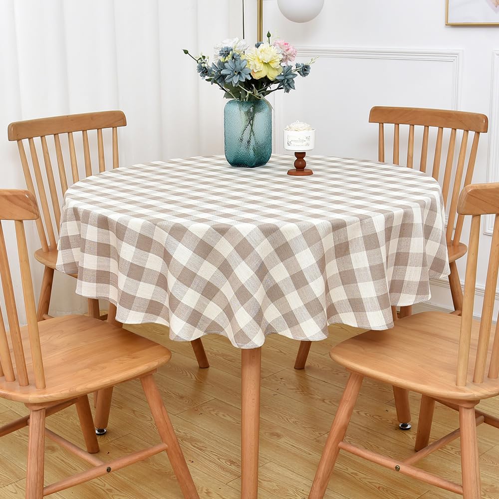Yofori Gingham Round Tablecloth Table Cloth Heavy Duty Cotton Checkered Table Cloth Round Cover for Dining Room (R-Beige, 53 inc