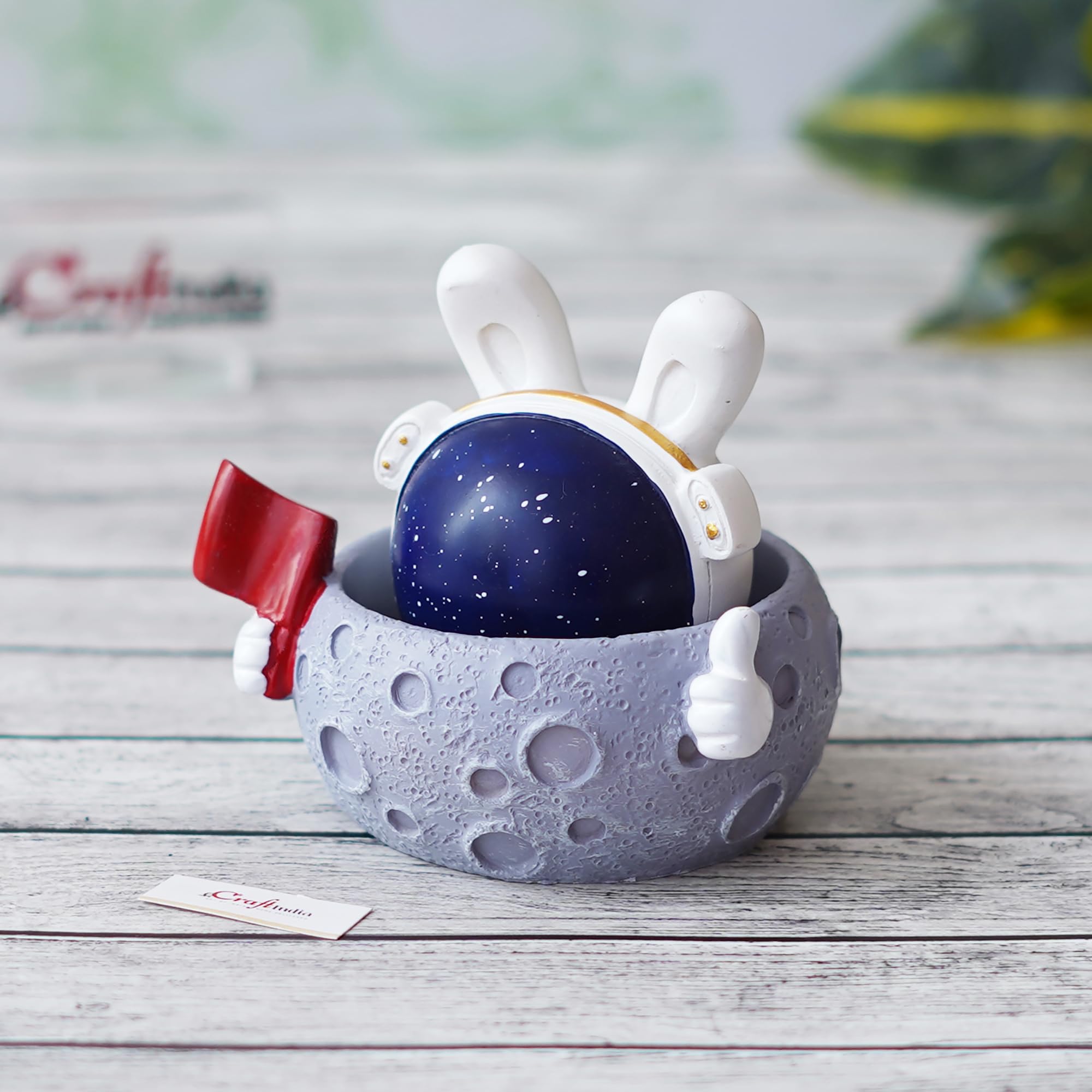 Ecraftindia Rabbit Astronaut Miniature Statue On Moon Shaking Head With Red Flag Decorative Showpiece For Home Decor Living Room