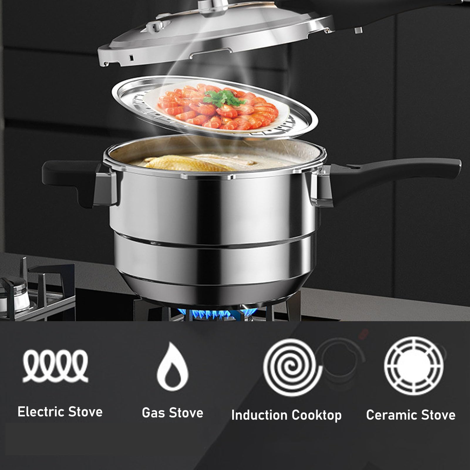 Bewinner 80Kpa Pressure Cooker Stainless Steel 8L Large Capacity, Pressure Canner with Steaming Rack Compatible with Gas & Induc
