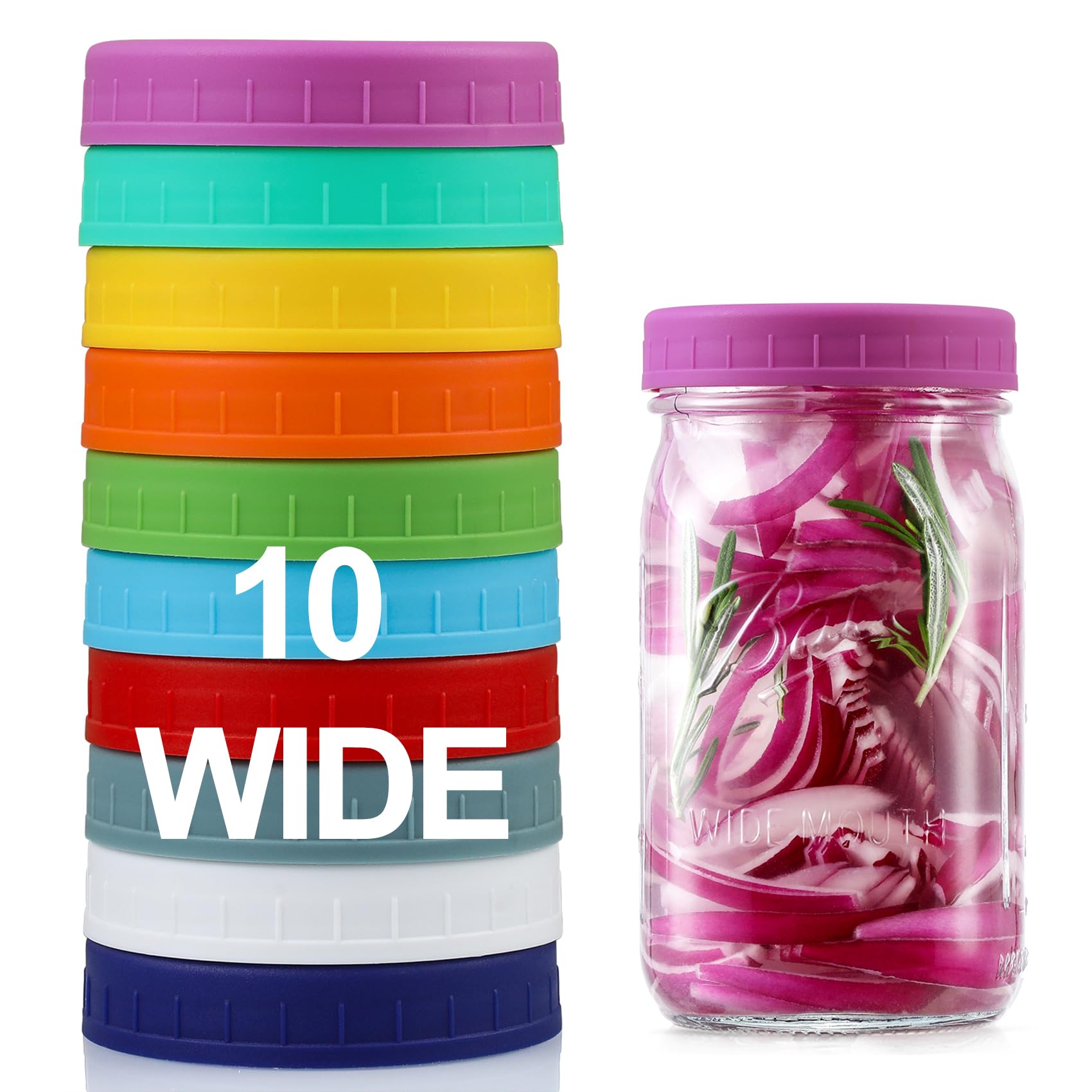 10 Pack Plastic Wide Mouth Mason Jar Lids For Ball, Kerr And More - Multicolor Storage Caps For Mason Jars, Canning Jars - Leak-