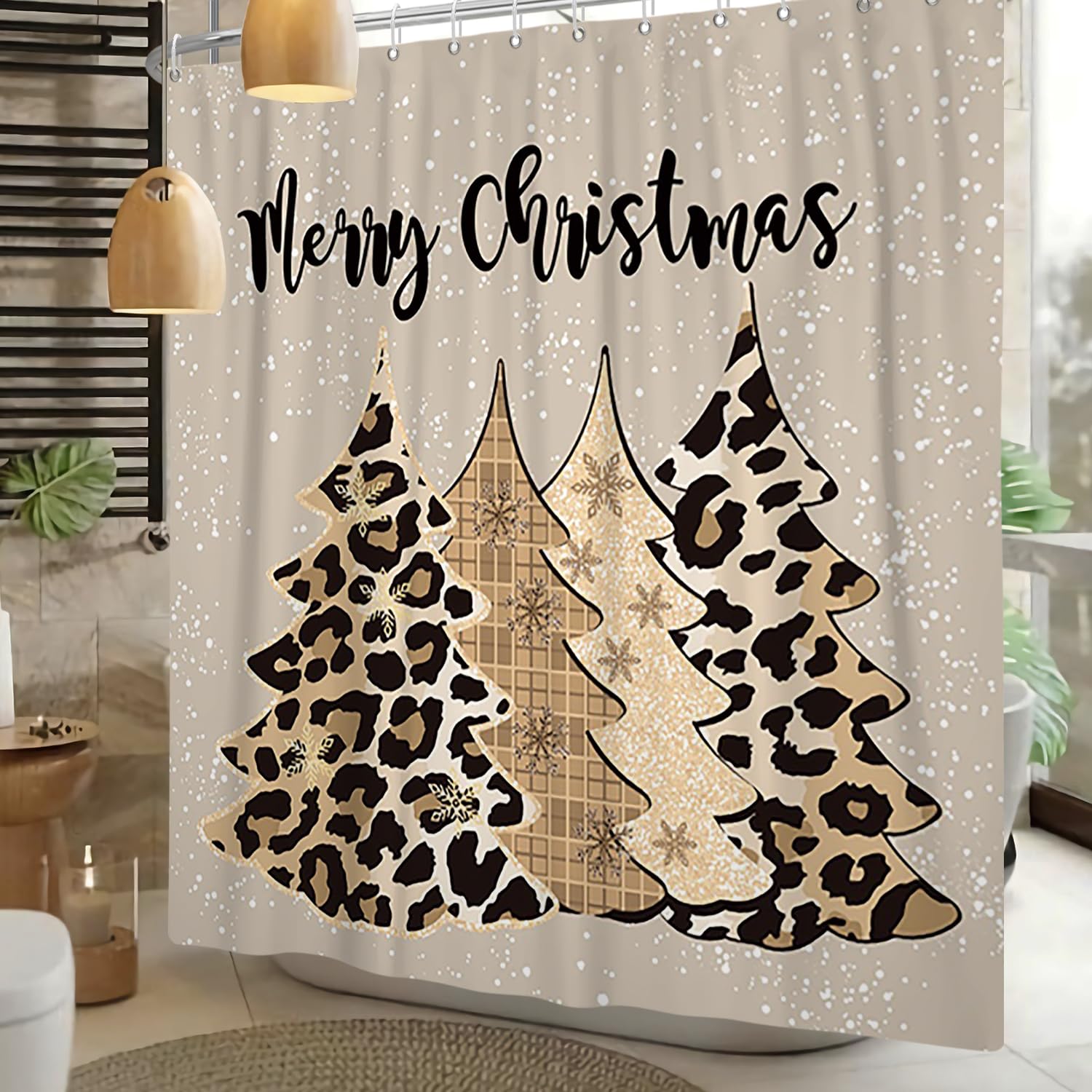 Leowefowa Leopard Christmas Tree Shower Curtain Winter Pine Tree Snowflake Shower Curtain For Holiday Farmhouse Bathtub Bathroom