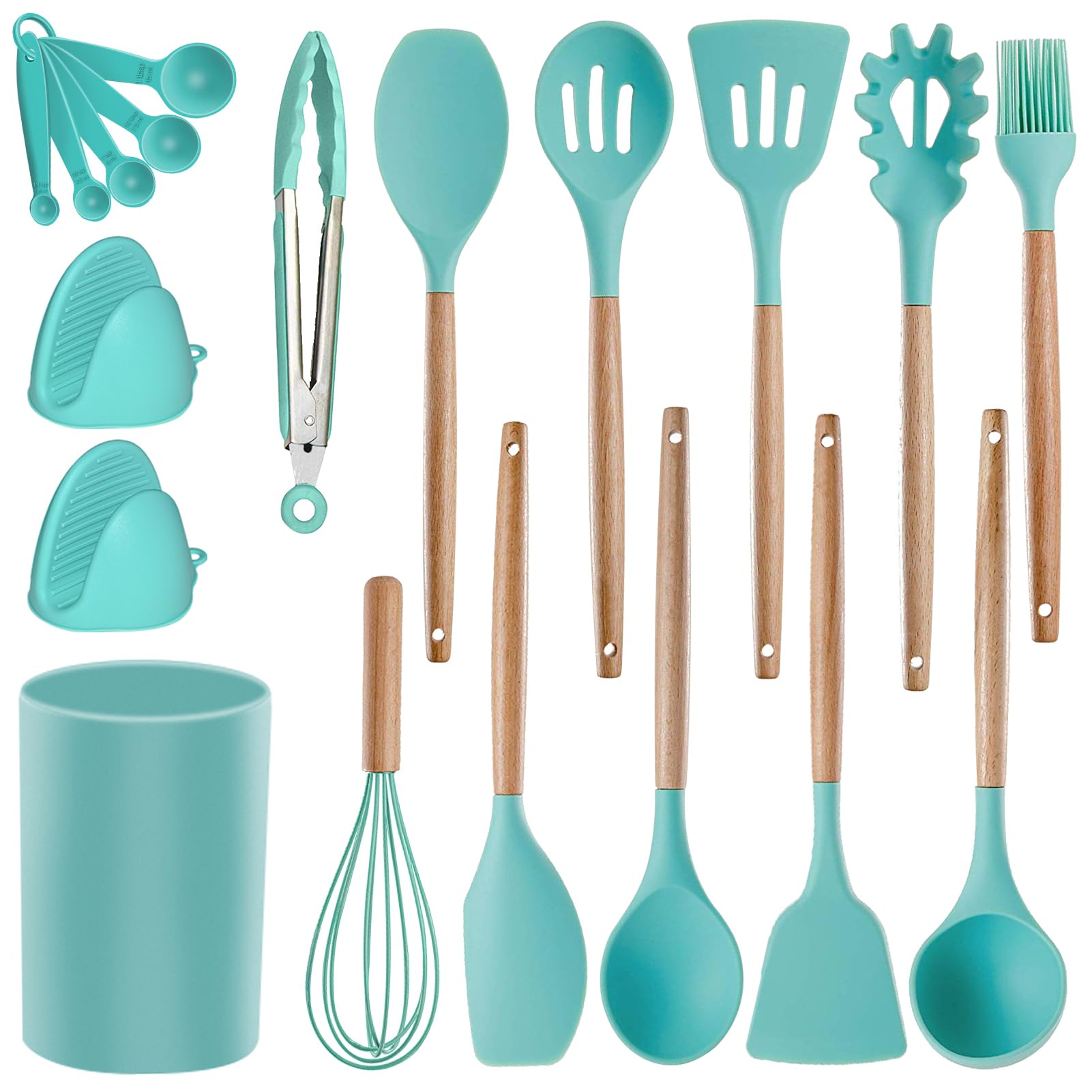 Silicone Kitchen Utensils Set - Heat Resistant Silicon Cooking Utensils, Wooden Handle Kitchen Utensil Set With Holder, Spoon Sp