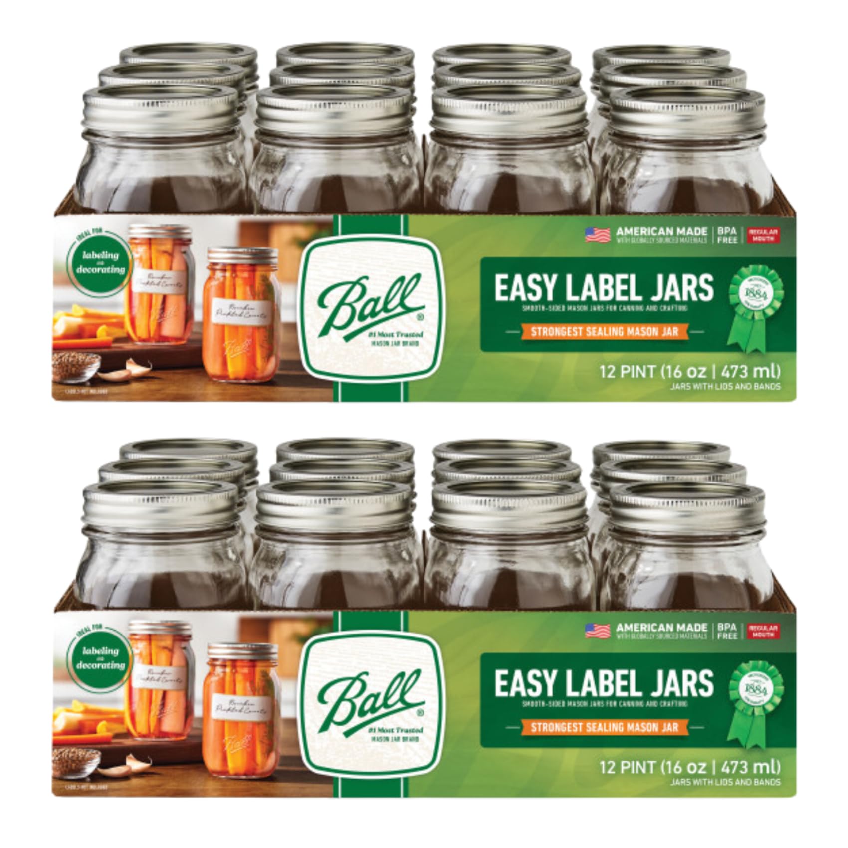 Ball Regular Mouth Easy Label Glass Mason Jars with Lids and Bands, Used for Canning, Pickling, Juice, Jam, Jelly, Pint Size 16 