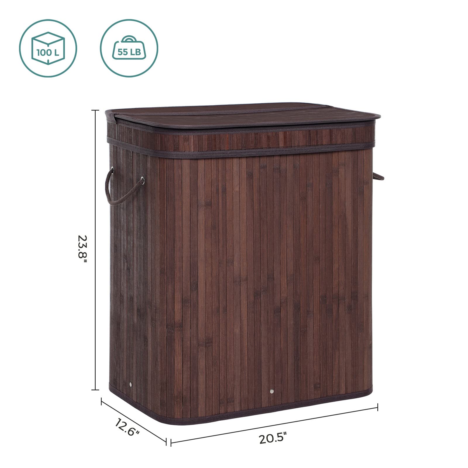Songmics Laundry Hamper With Lid, Bamboo Launry Basket With Handles, Foldable Storage Basket For Laundry Room, Bedroom, 100L, Br