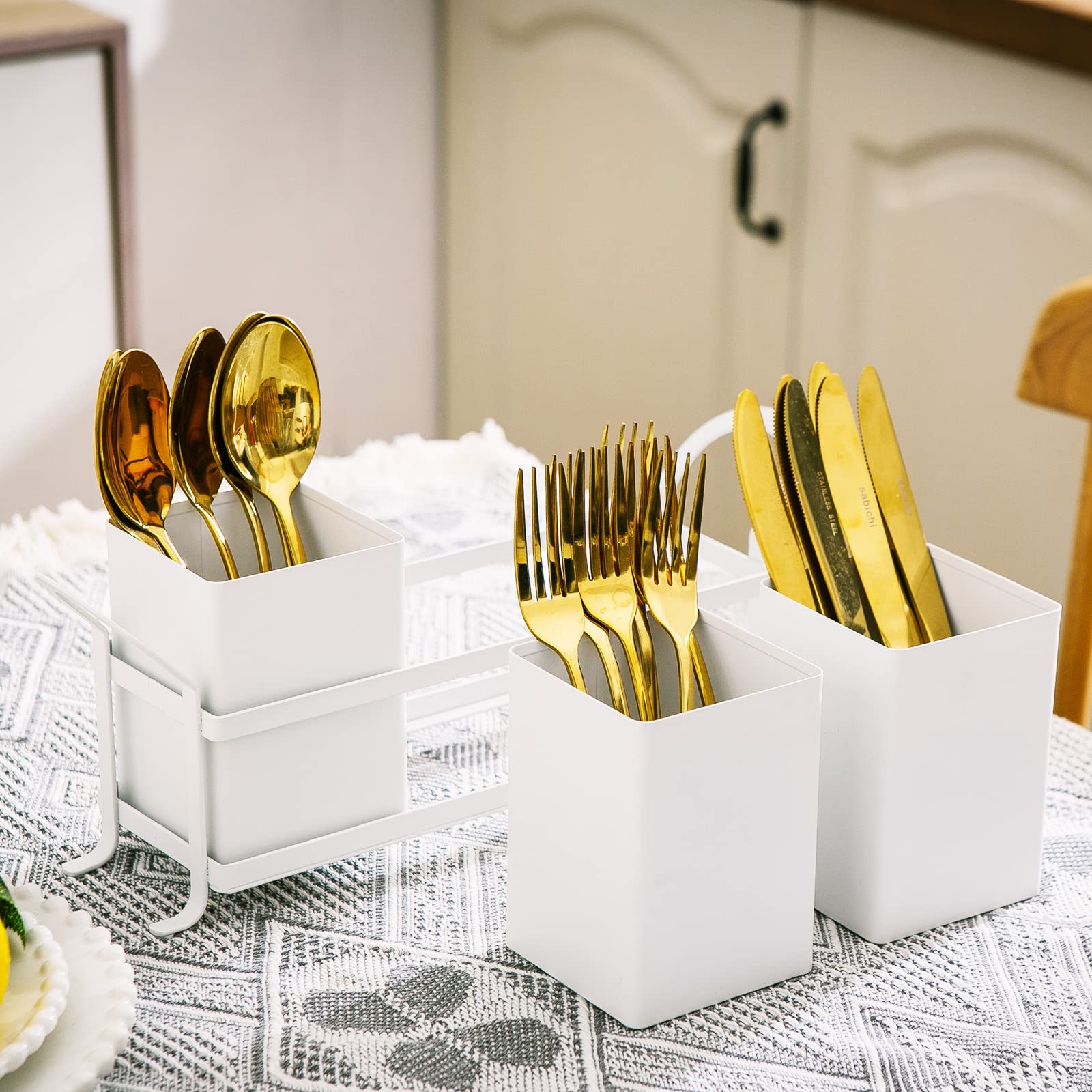 Nelybet White Metal Utensil Caddy, 3 Compartments, Portable Design, Perfect For Countertop, Outdoor, And Camping