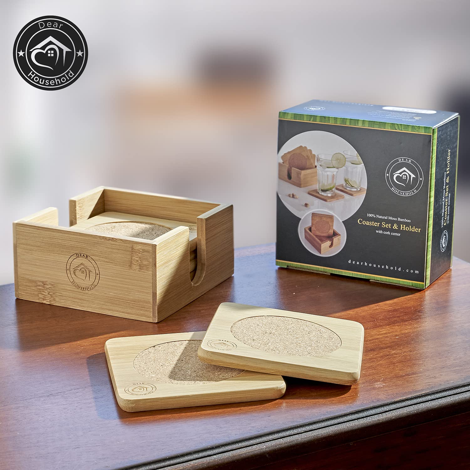 Set Of 6 Bamboo Coasters With Matching Coaster Holder - Sleek, Smooth Moso Bamboo & Cork Coaster Set Protects Surfaces From Stai
