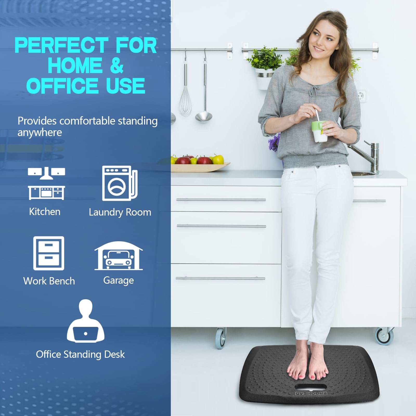 Ergohead Anti Fatigue Kitchen Floor Mat Comfort Standing Mat, Portable Office Standing Desk Mat, Multi-Purpose Kitchen Rug, Buil