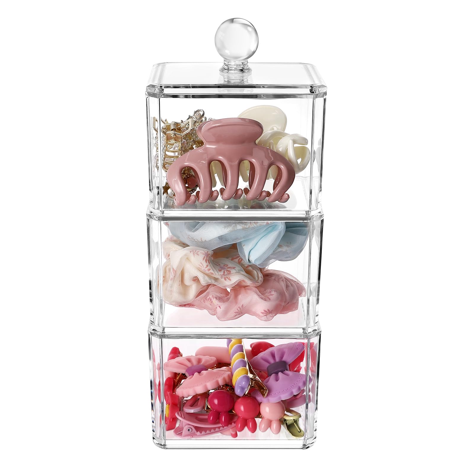 BLVRYVIO Hair Accessories Organizer for Girls  Clear 3 Stackable Acrylic Hair Tie Organizer for Headband  Bows  Cotton Swab Organization  Bathroom Containers Hair Clip Holder Storage with Lids