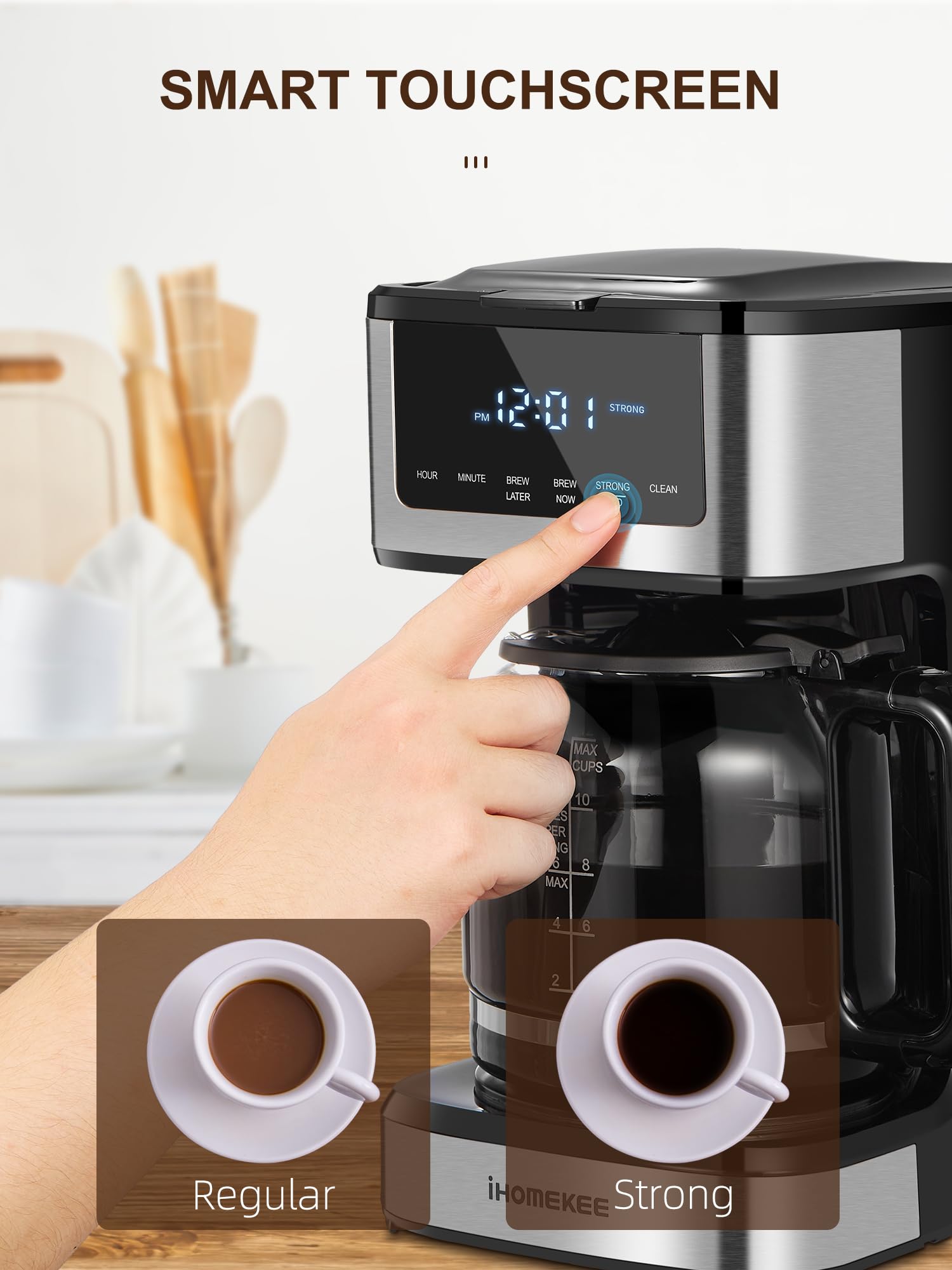 Ihomekee 12-Cup Programmable Drip Coffee Maker, Black, Stainless Steel, Touch Screen, Iced Coffee Function, Model CM9428C