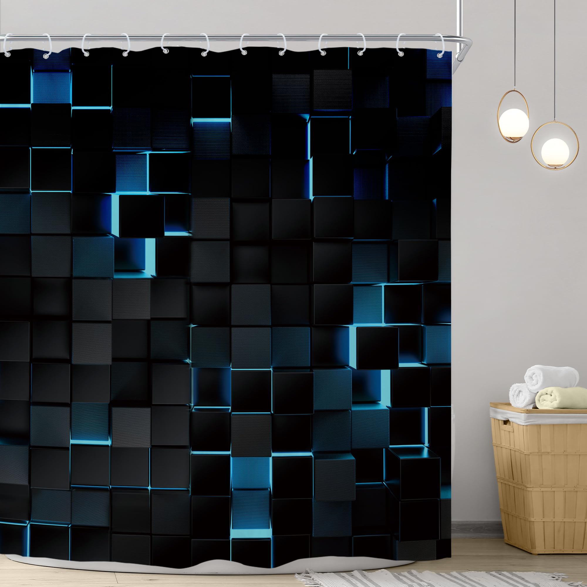 Riyidecor Black Navy Blue Wall Shower Curtain 72Wx72H Inch Abstract Brick Modern 3D Gradient Design Futuristic Cubes Geometric P