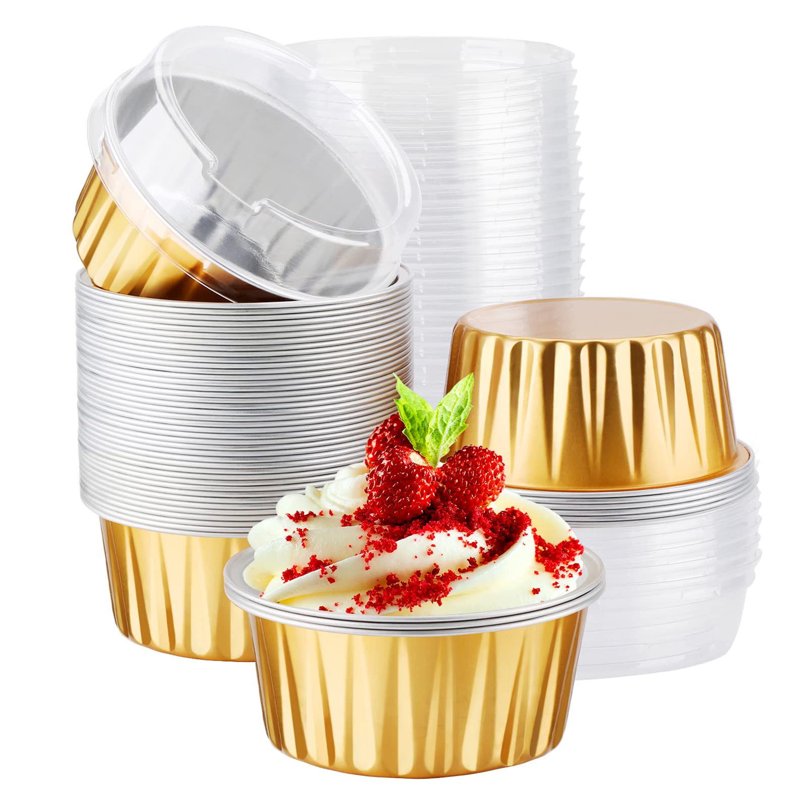 Eusoar Disposable Ramekins, Gold 50Pcs 5Oz Mini Aluminium Foil Baking Cups With Lids Creme Brulee Cupcake Liners, Desert Cheesec