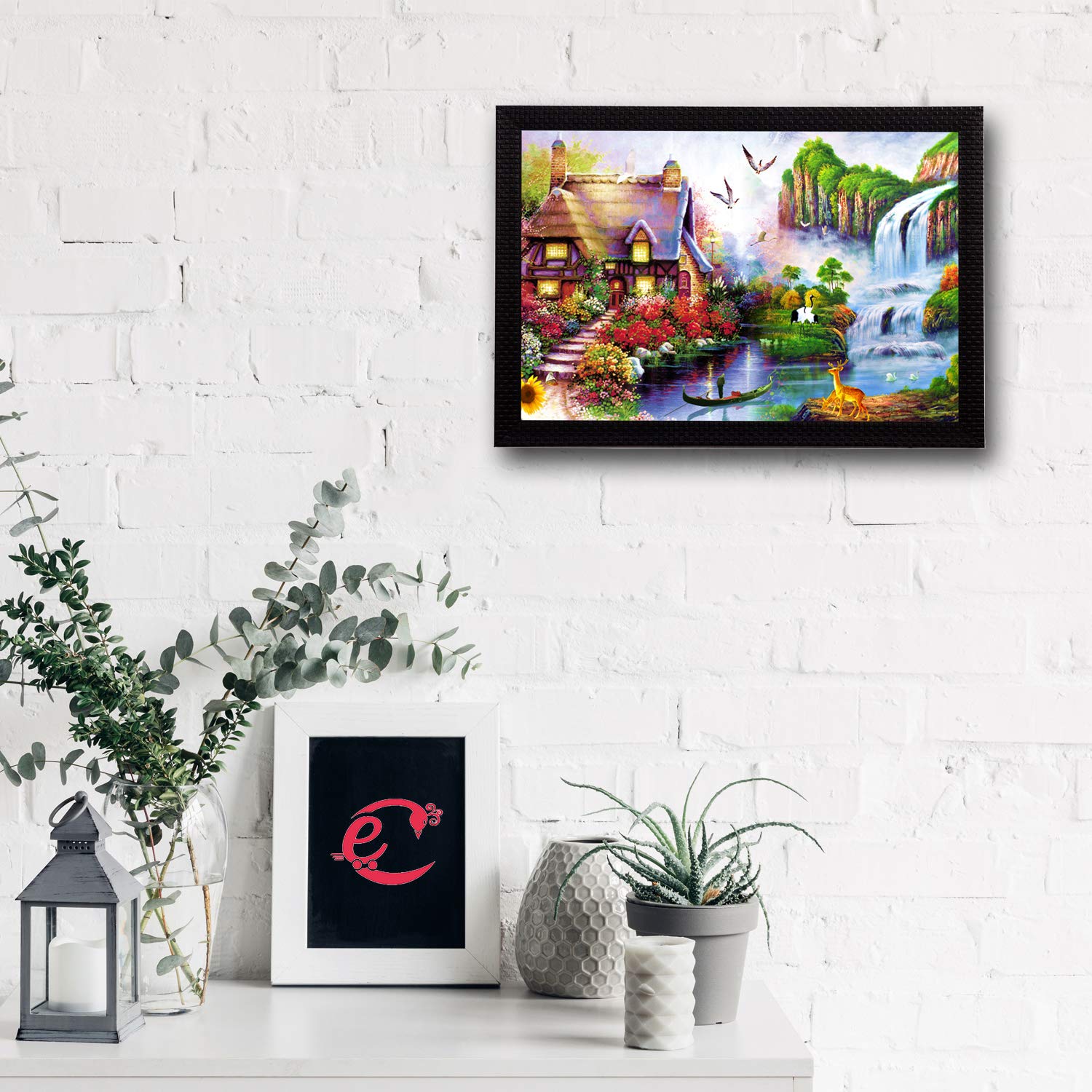 Ecraftindia Village Scenic View And Waterfall Satin Matt Texture Uv Art Painting (Synthetic Wood, 27.94 Cm X 35.56 Cm)