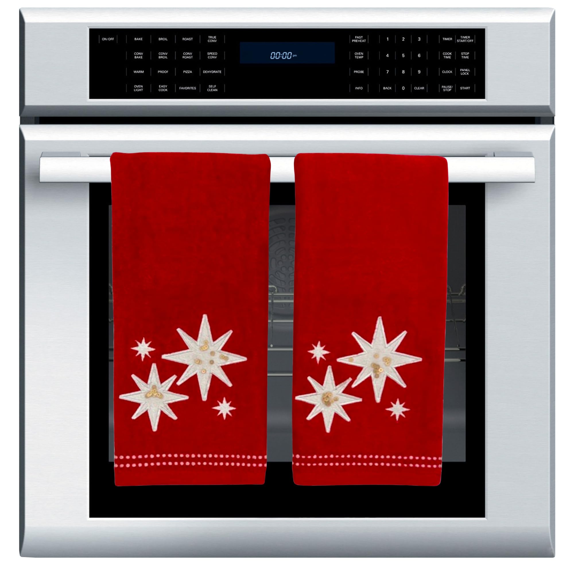 Christmas Bath Hand Towels, Stars With Sequins, Cotton, Red, 16'' X 25'', Set Of 2