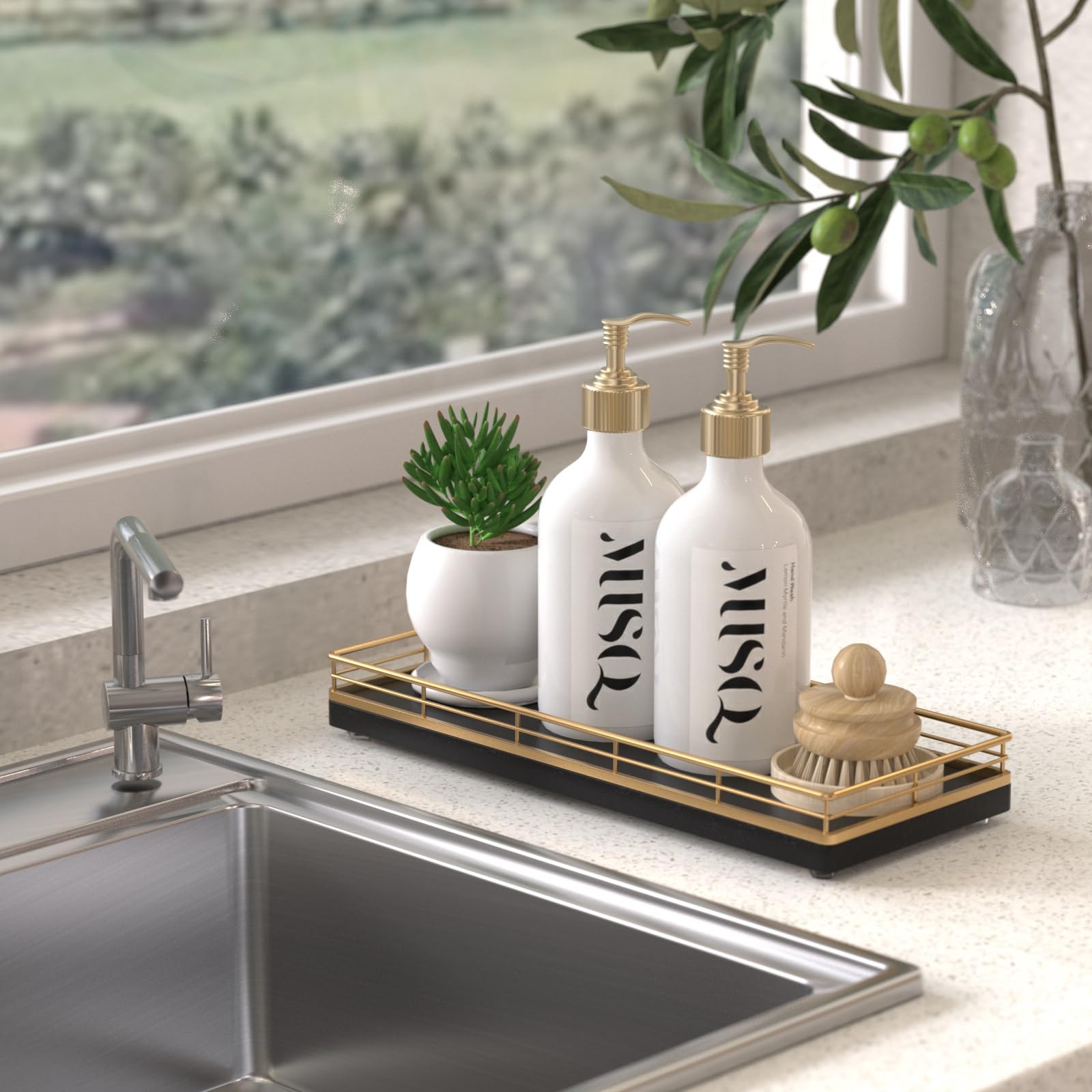 Oak Wooden Decorative Kitchen Tray, 11'' L Dish Soap Sponge Holder For Sink Countertop Spice Salt And Pepper Organizer For Dinin