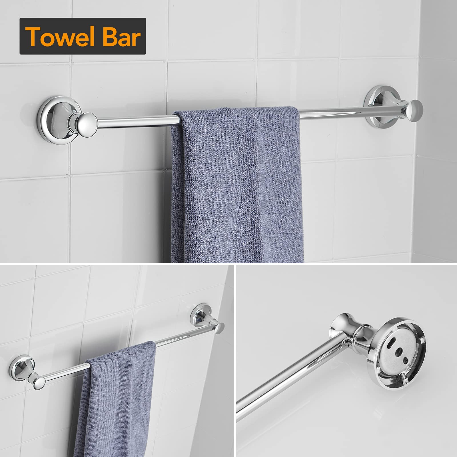 BESy Polished Chrome 4 Piece Bathroom Accessories Set (Single Towel Bar  Towel Ring  Toilet Paper Holder  Double Towel Hooks)  Wall Mounted Bath Hardware Accessory Fixtures Rack Set