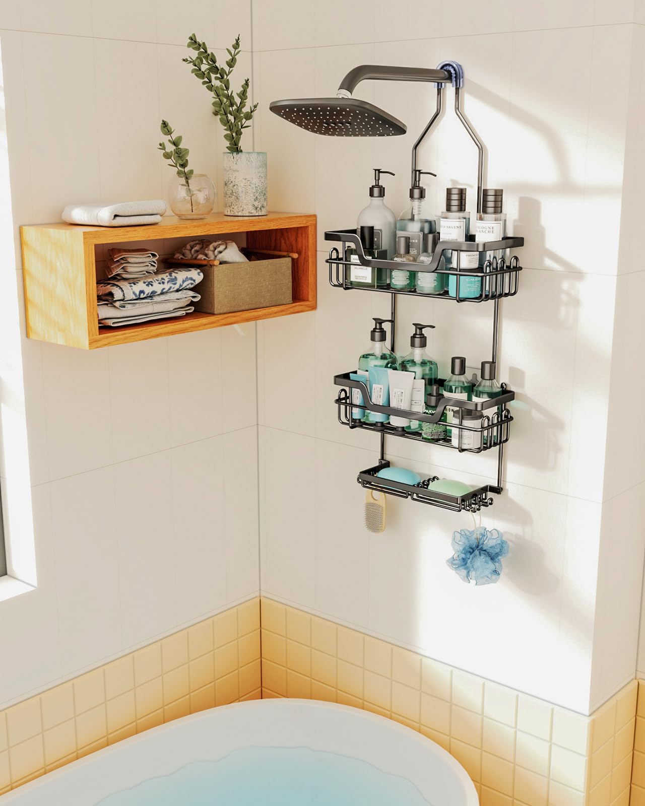 Swtymiki Hanging Shower Caddy, 3 Tier Rustproof Shower Organizer Over Shower Head With 16 Hooks & Dual Soap Holder, Large Capaci