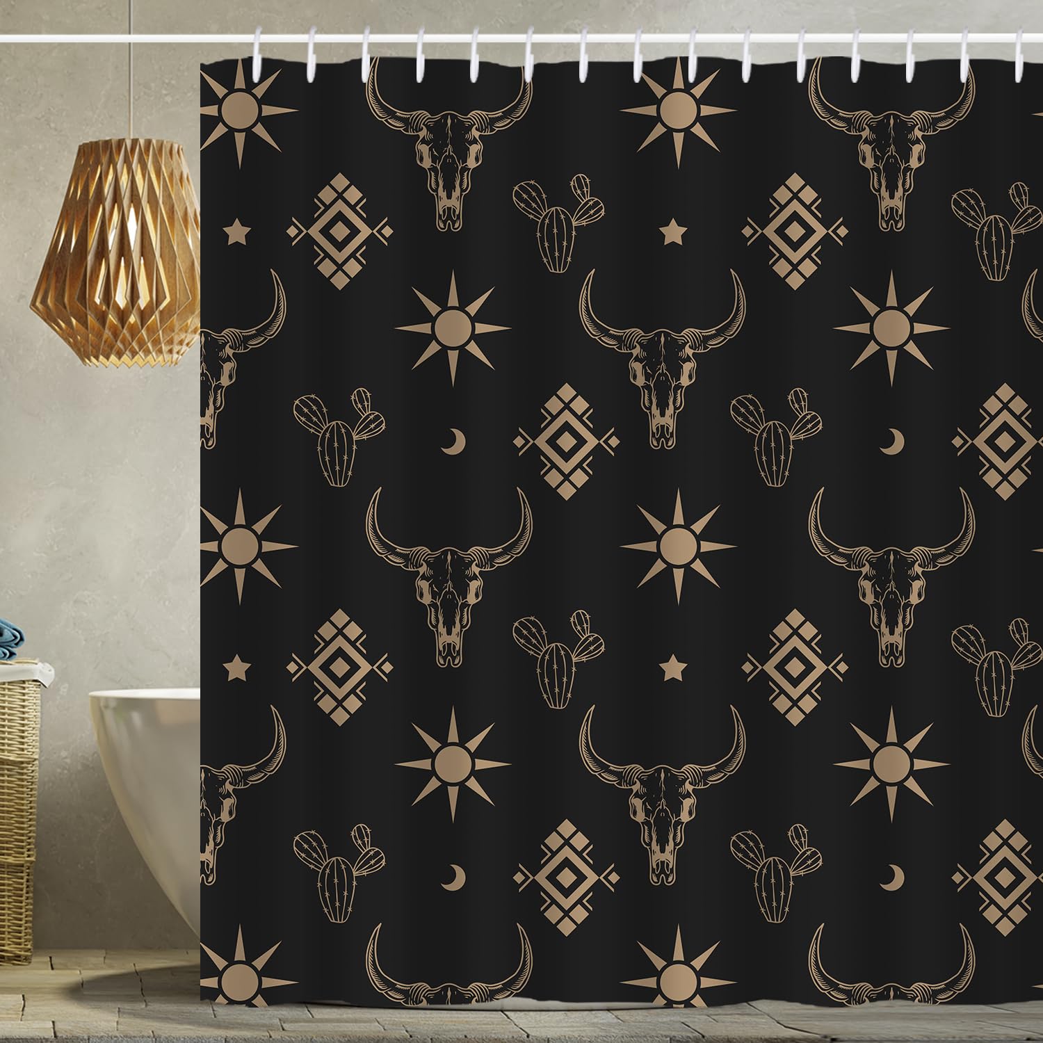 Western Bull Skull Shower Curtain Boho Cow Longhorn Skull Head Cactus Bohemian Black And Gold Shower Curtain With Hooks 72X72 In