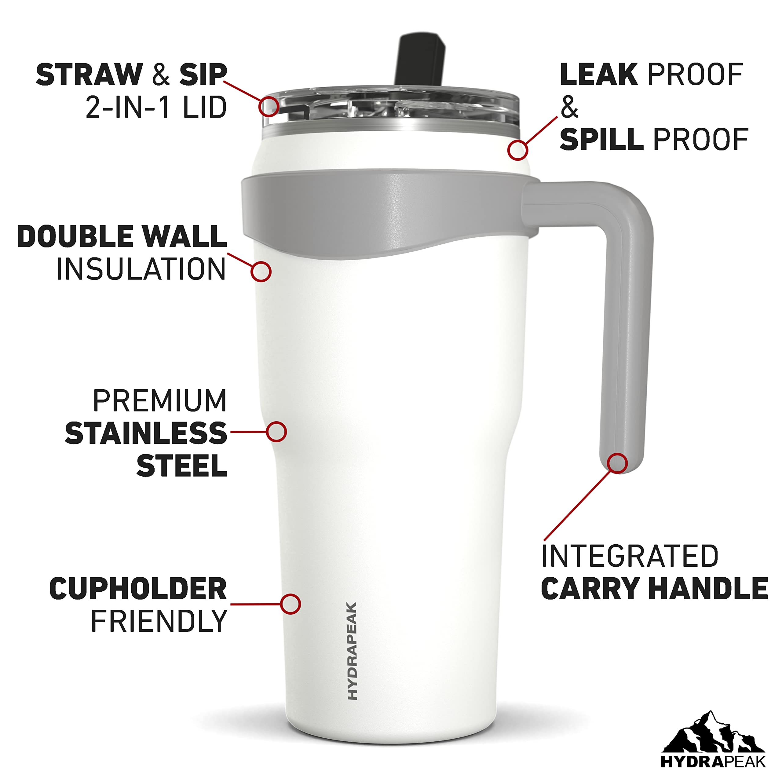 Hydrapeak Roadster 40Oz Stainless Steel Tumbler Double Wall Vacuum Insulated Water Bottle With Handle And 2 In 1 Straw Lid (Whit