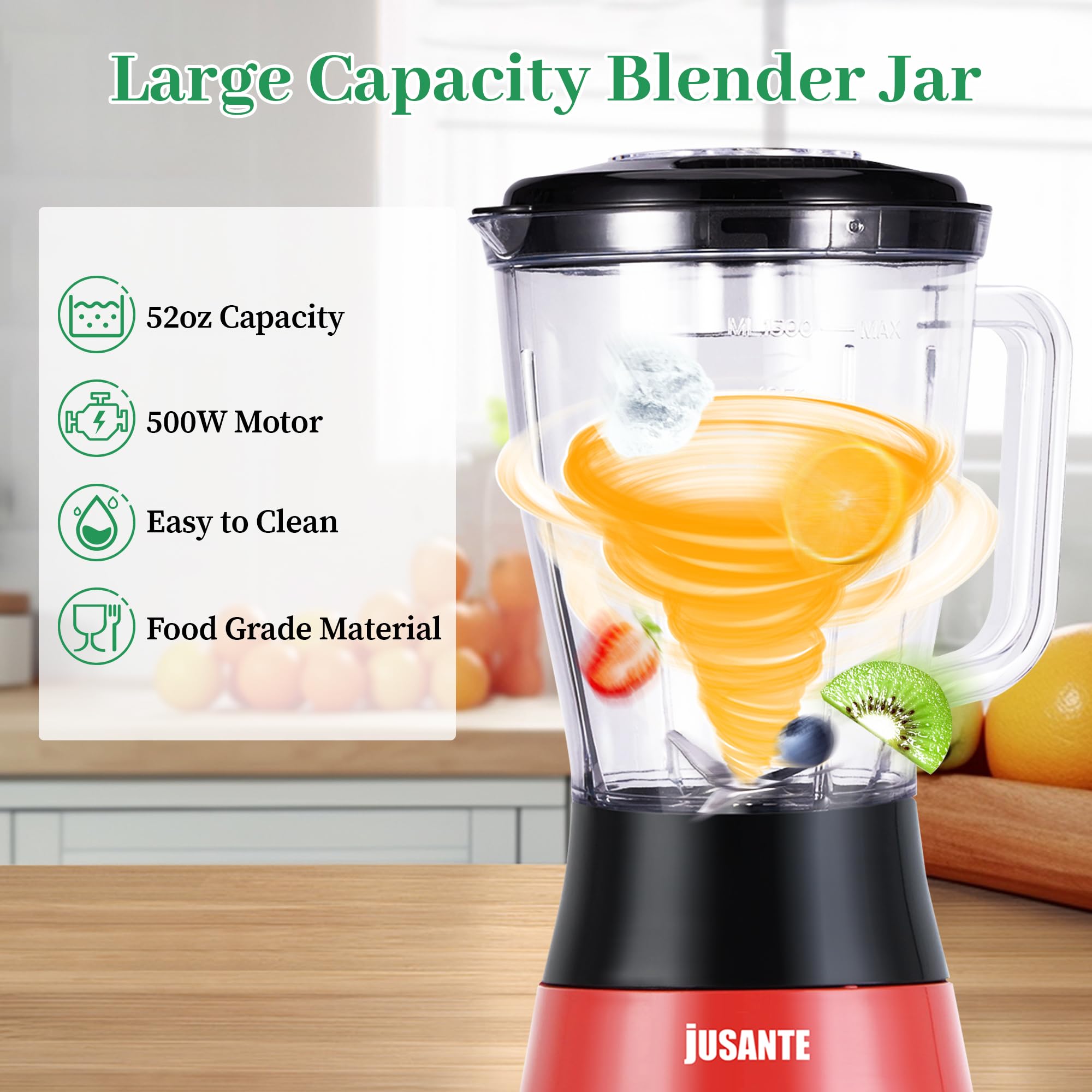 Jusante Kitchen Blender, 500W Countertop Blender With 52Oz Plastic Jar For Smoothies Milkshake Desserts Nut Butter, Cocktails Sa