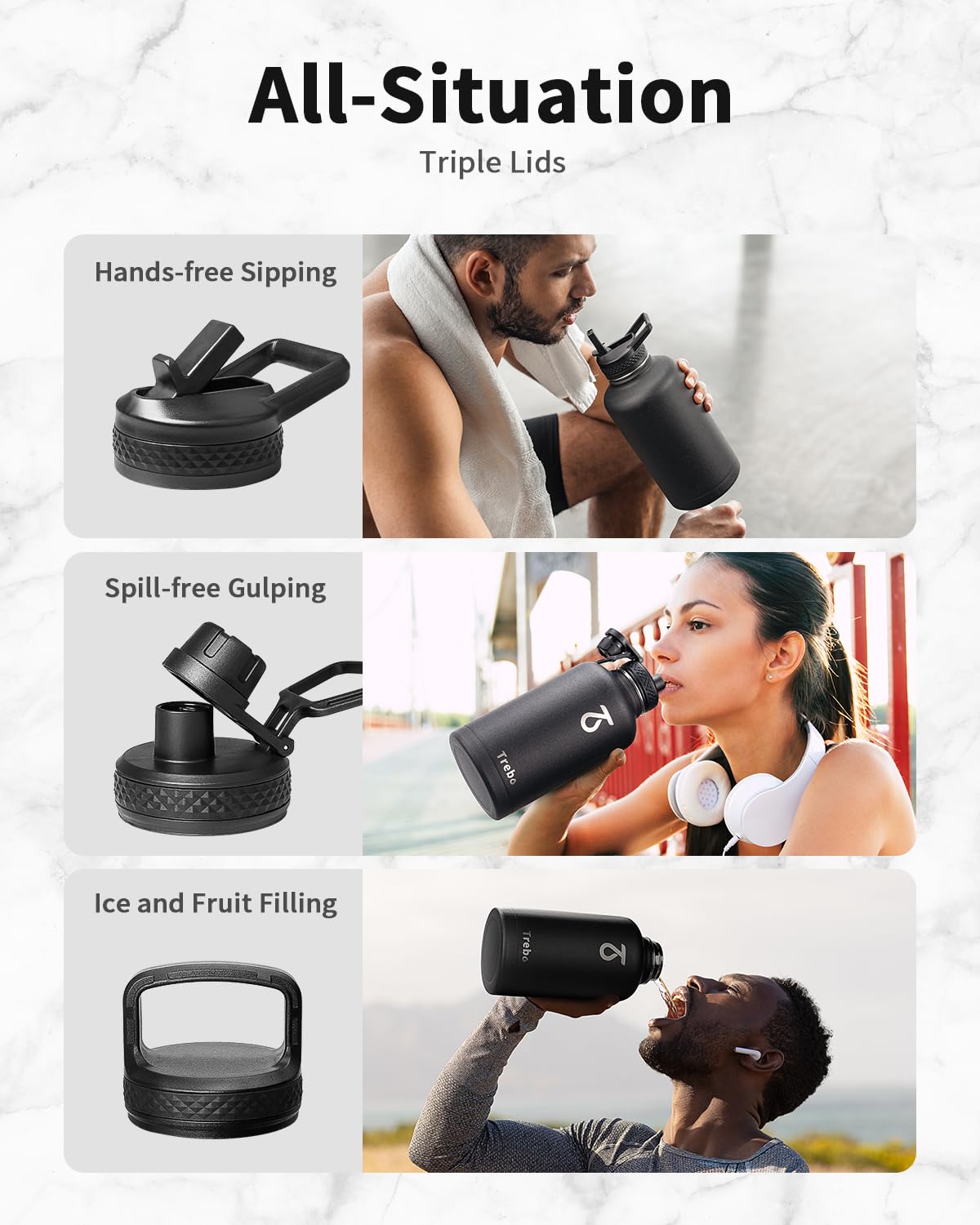 Trebo Half Gallon Water Bottle with Paracord Handle 64oz Wide Mouth Insulated Double Wall Stainless Steel Large Sports Flask Keep Hot 24 Hours & Cold 48 Hours Water Jug with 3 Lids  Black