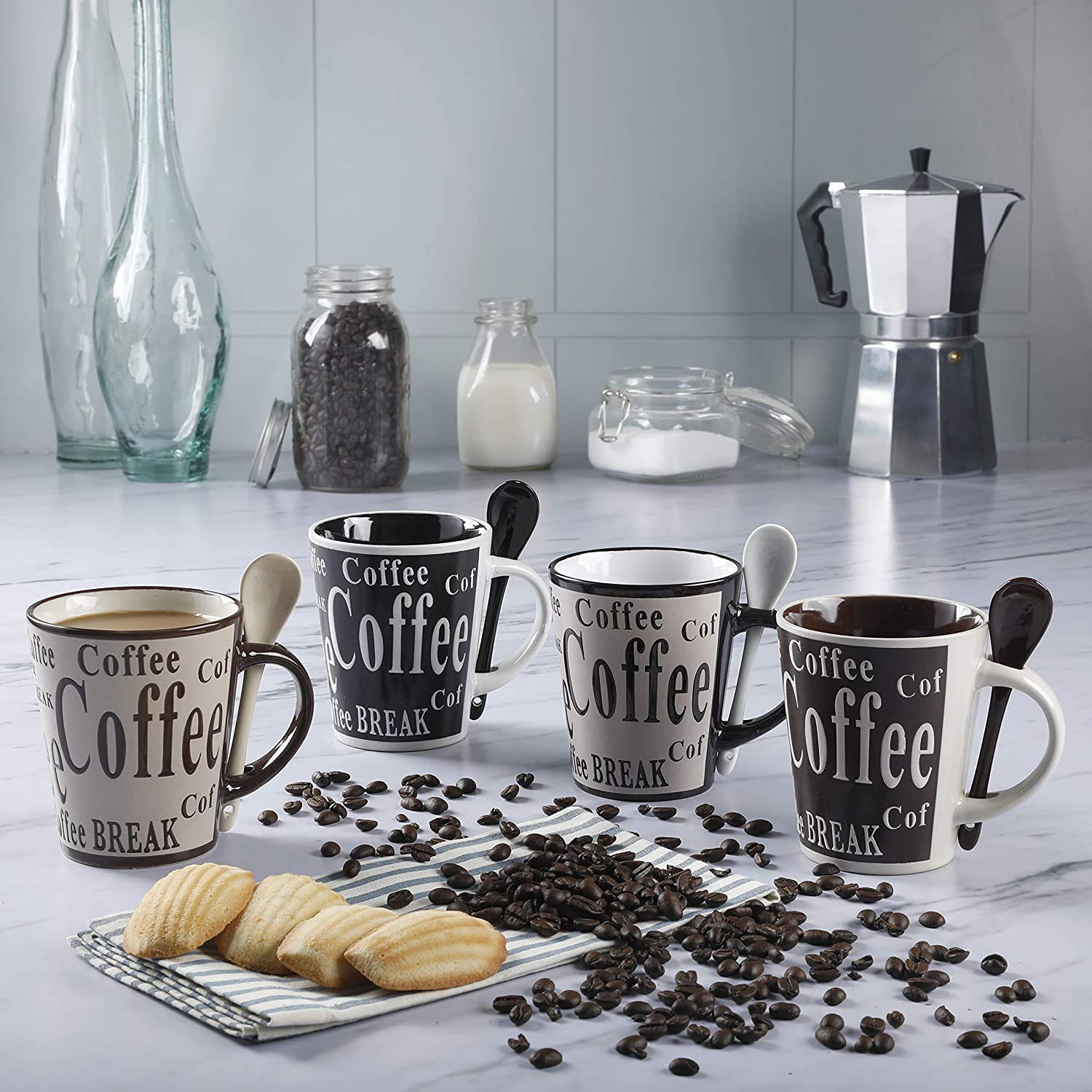 Mr. Coffee Bareggio 8-Piece Mug and Spoon Set, Stoneware, 14oz, Café Americano