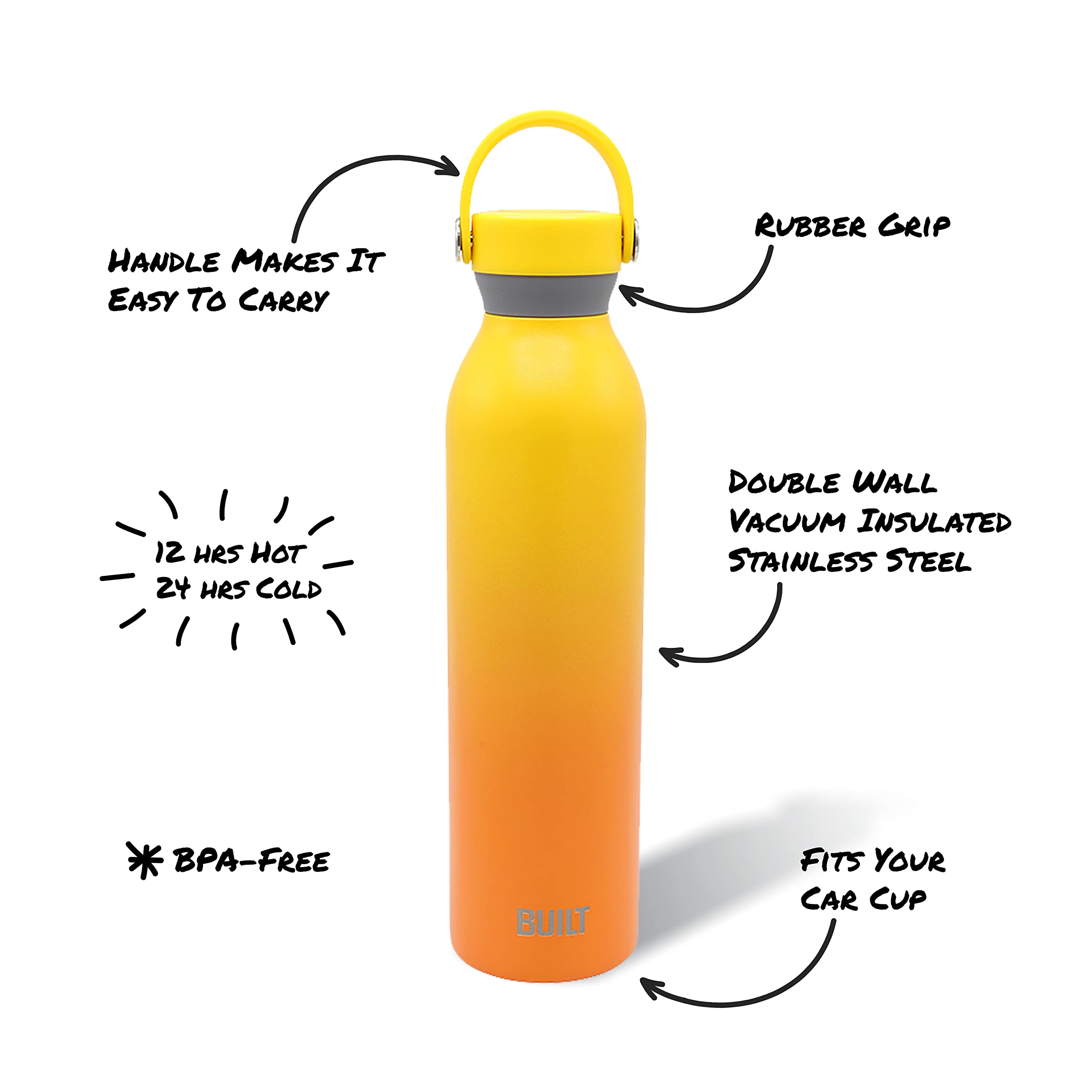 Built 24 Ounces Cascade Double Wall Vacuum Insulated Stainless Steel Bottle With Twist Lid With Handle, Yellow And Orange Citrus