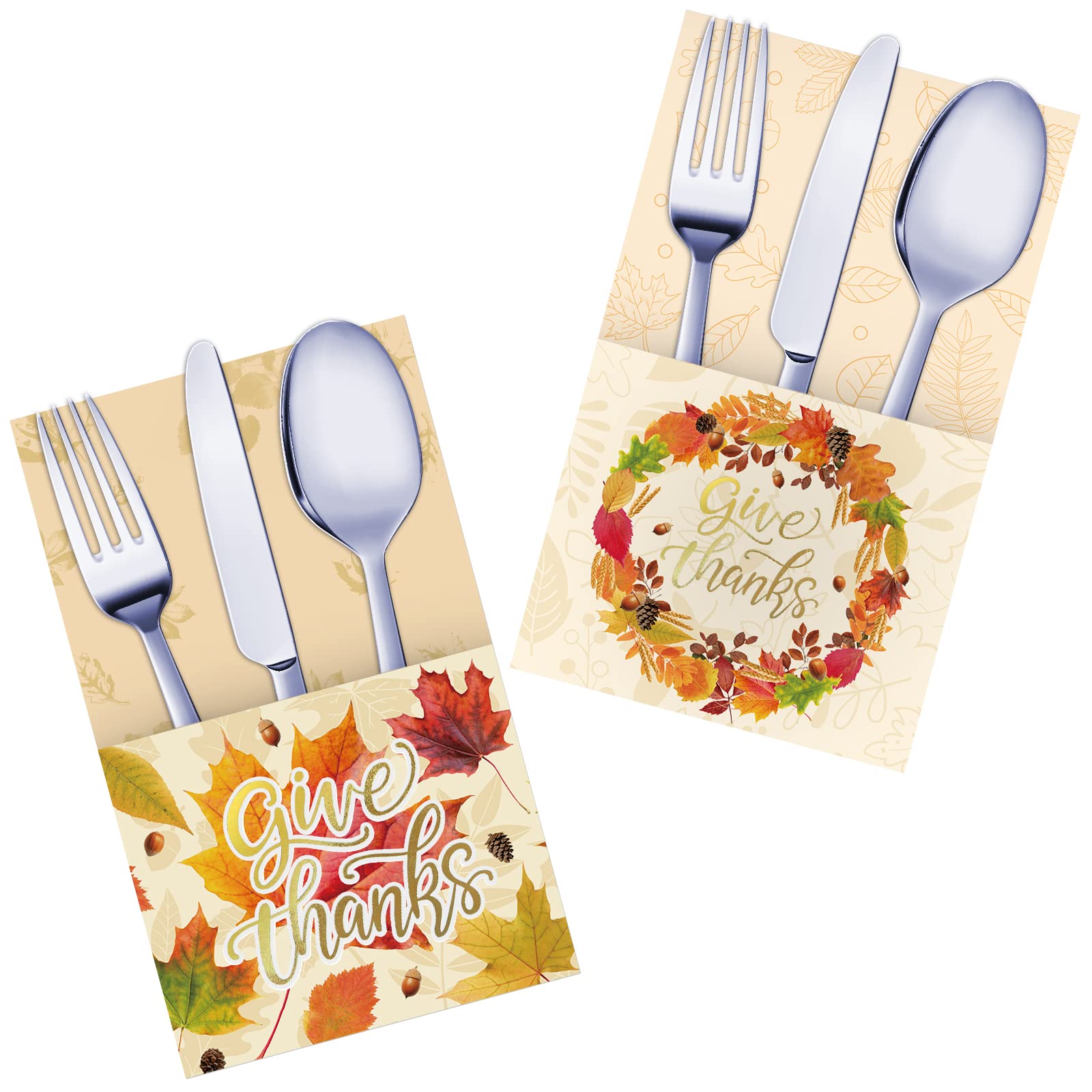 Thanksgiving Cutlery Holder Gold Foil With Give Thanks Maple Leaf Design, Utensil Holder For Autumn Harvest Party Table Decorati