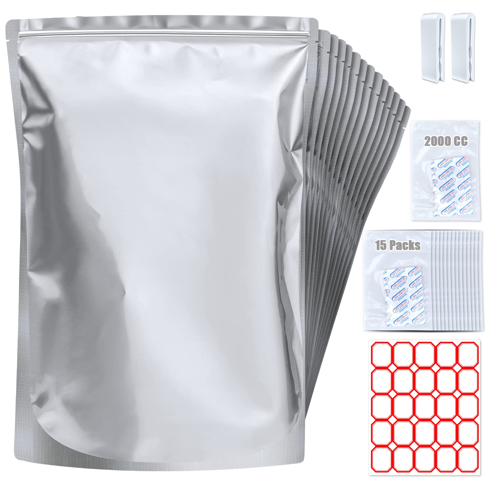 15 Pack 5 Gallon Mylar Bags With Oxygen Absorbers - 10.5 Mil Mylar Bags For Food Storage With 15 Single Sealed 2000Cc Oxygen Abs