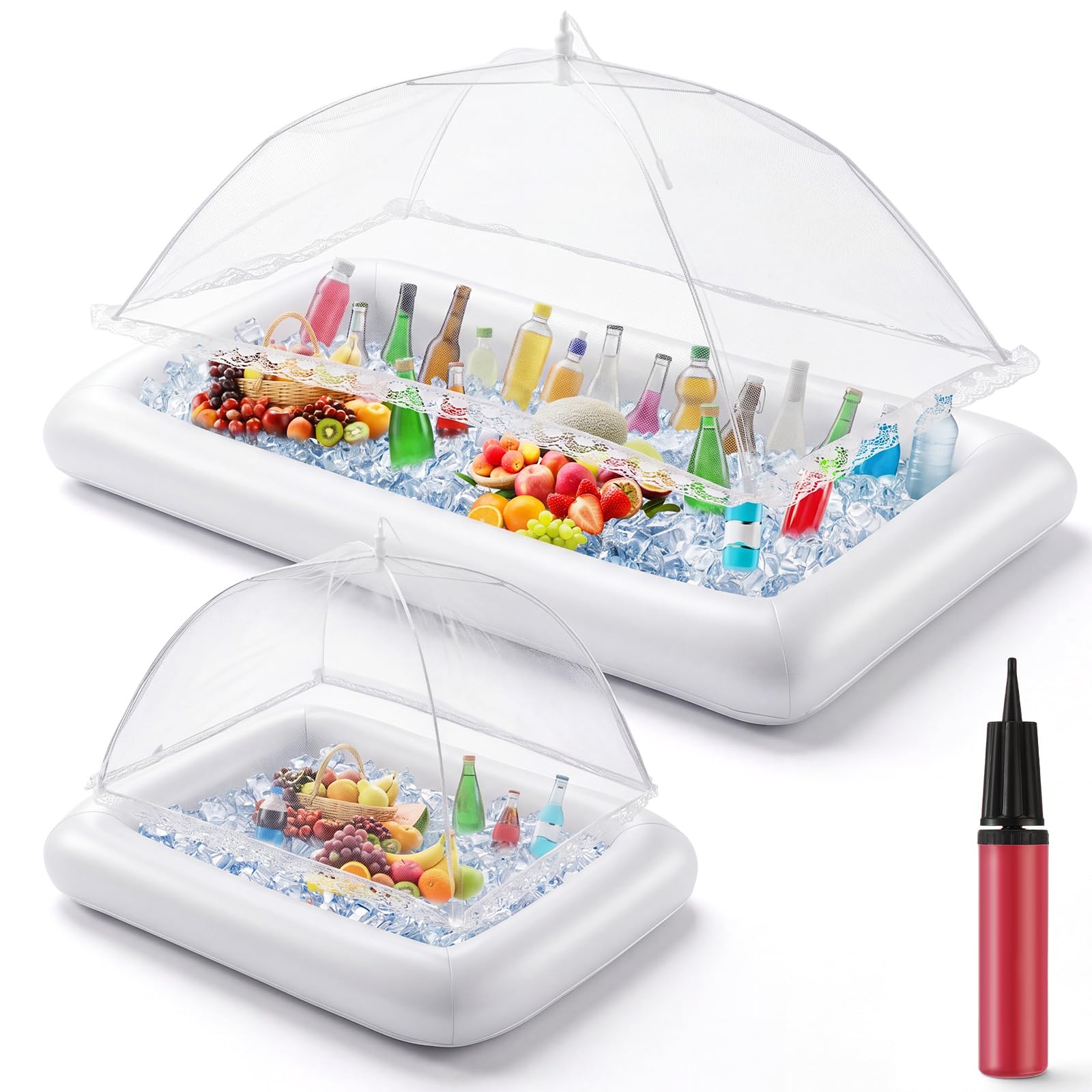 Leitee 4 Pcs Inflatable Ice Tray Serving Bar Buffet Set 2 Food Umbrella Mesh Covers Tent 2 Cold Food Cooler Buffet Server for Ou