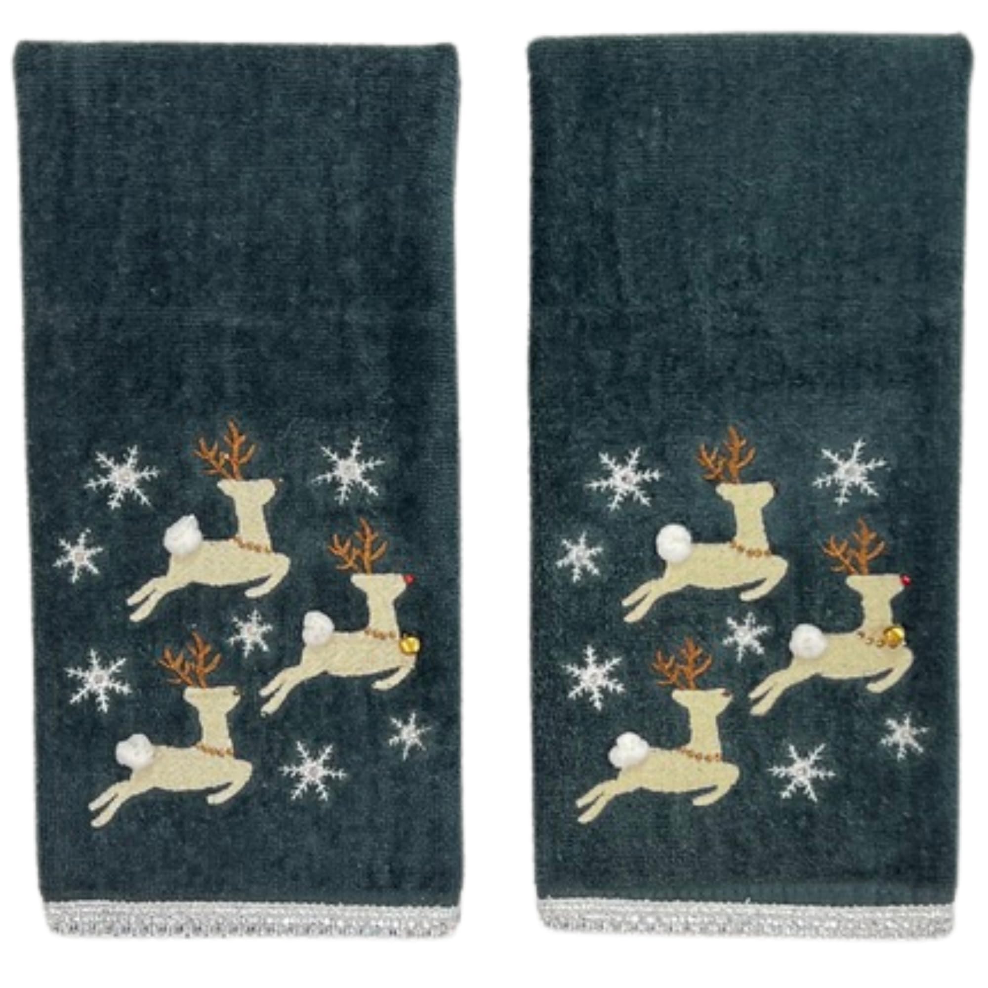 Dancing Reindeer Christmas Bath Hand Towels, Dark Grey, Set Of 2, 16 X 25 In, 100% Cotton