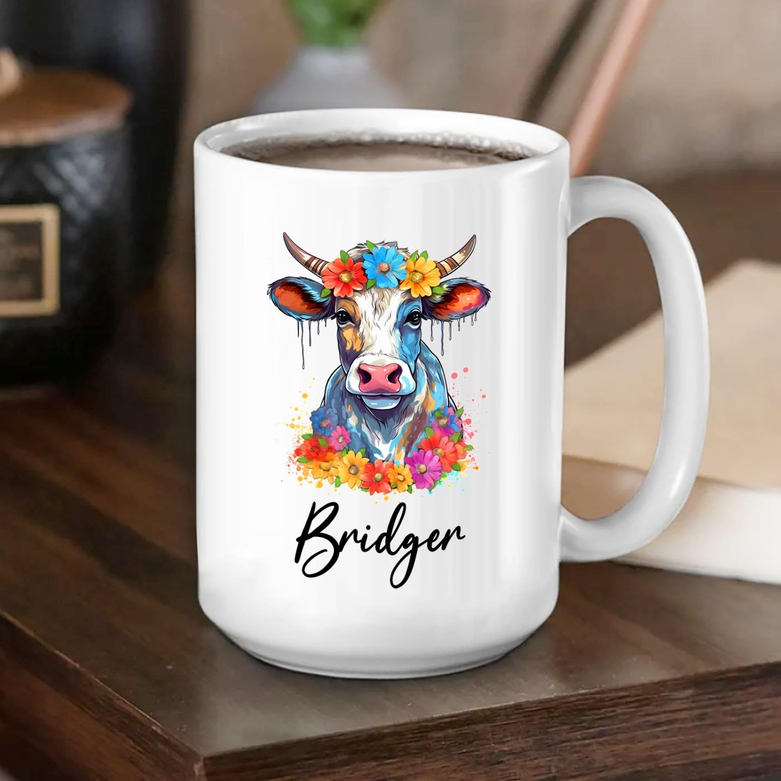 Customized Name Cow White Ceramic Mug 11 Oz 15 Oz, Personalized Cow Coffee Mug Cup Gift For Girlfriend Women Cow Animal Lover, U