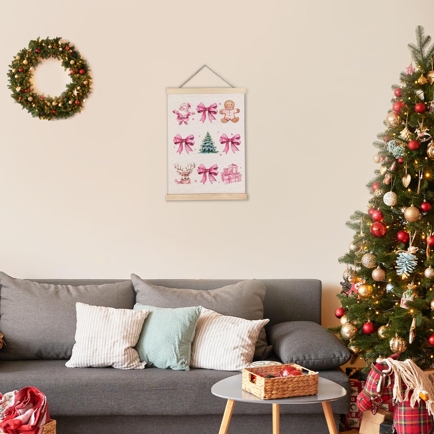 Pink Christmas Wall Decor, Coquette Christmas Pink Bow Gingerbread Wall Art With Wooden Poster Hanger, Christmas Wall Decoration