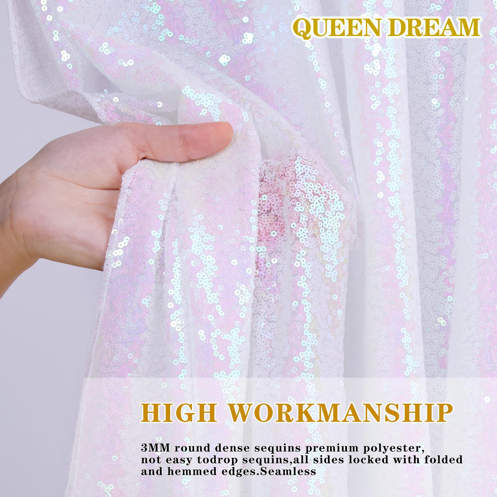 Queendream Iridescent Mermaid Themed Party Decorations: 90X90 Inch Sequin Table Cloths White Birthday Tablecloth Glitter Fabric