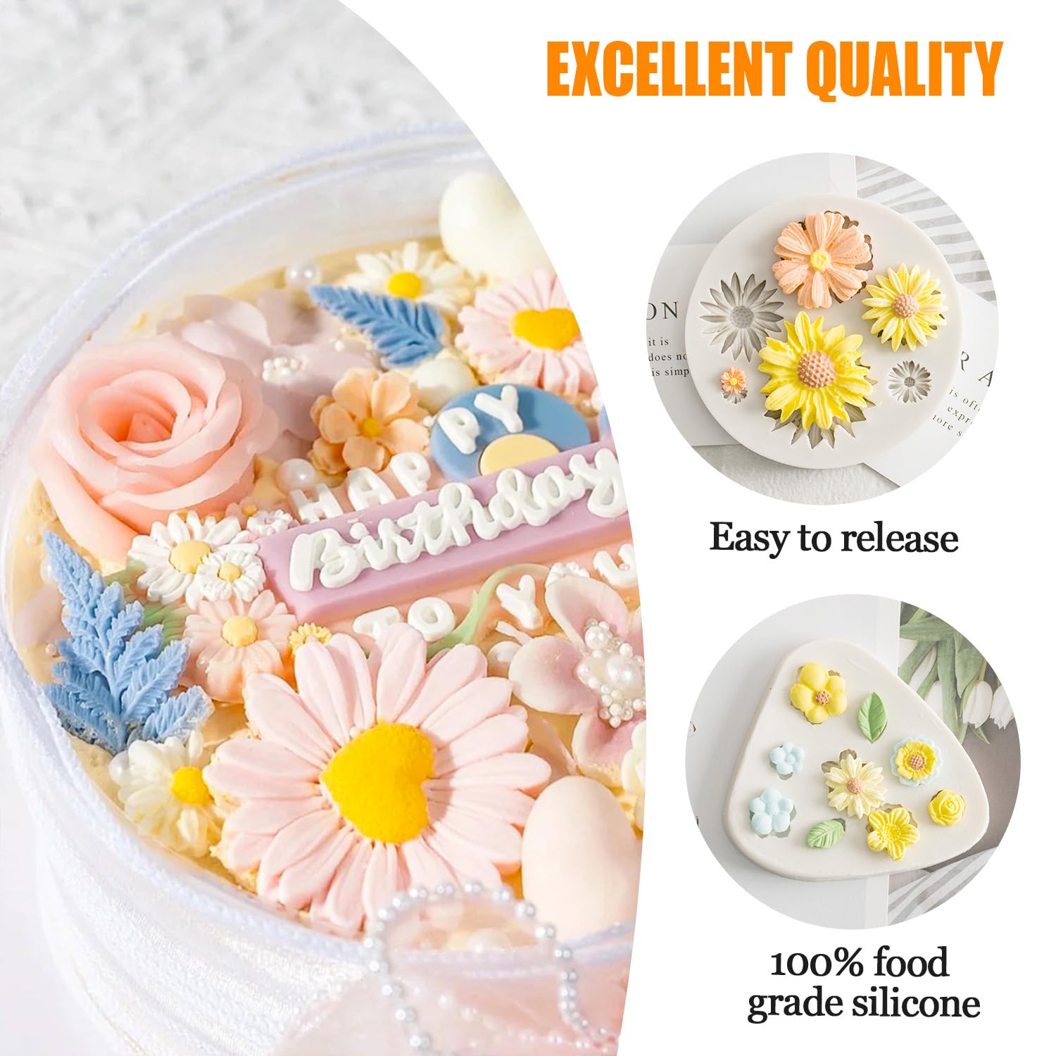 Kalaien 3Pcs Flower Fondant Cake Mold Daisy Flower,Rose Flower,Small Flower For Chocolate Fondant Polymer Clay Soap