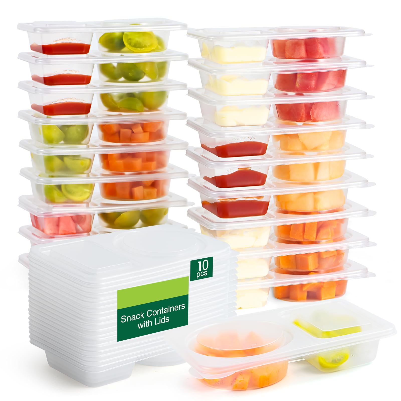 InnovHaus 10 Sets Reusable Snack Containers with Lids, 2 Compartment Snack Pack Containers for Food Storage & Meal Prep, Travel 