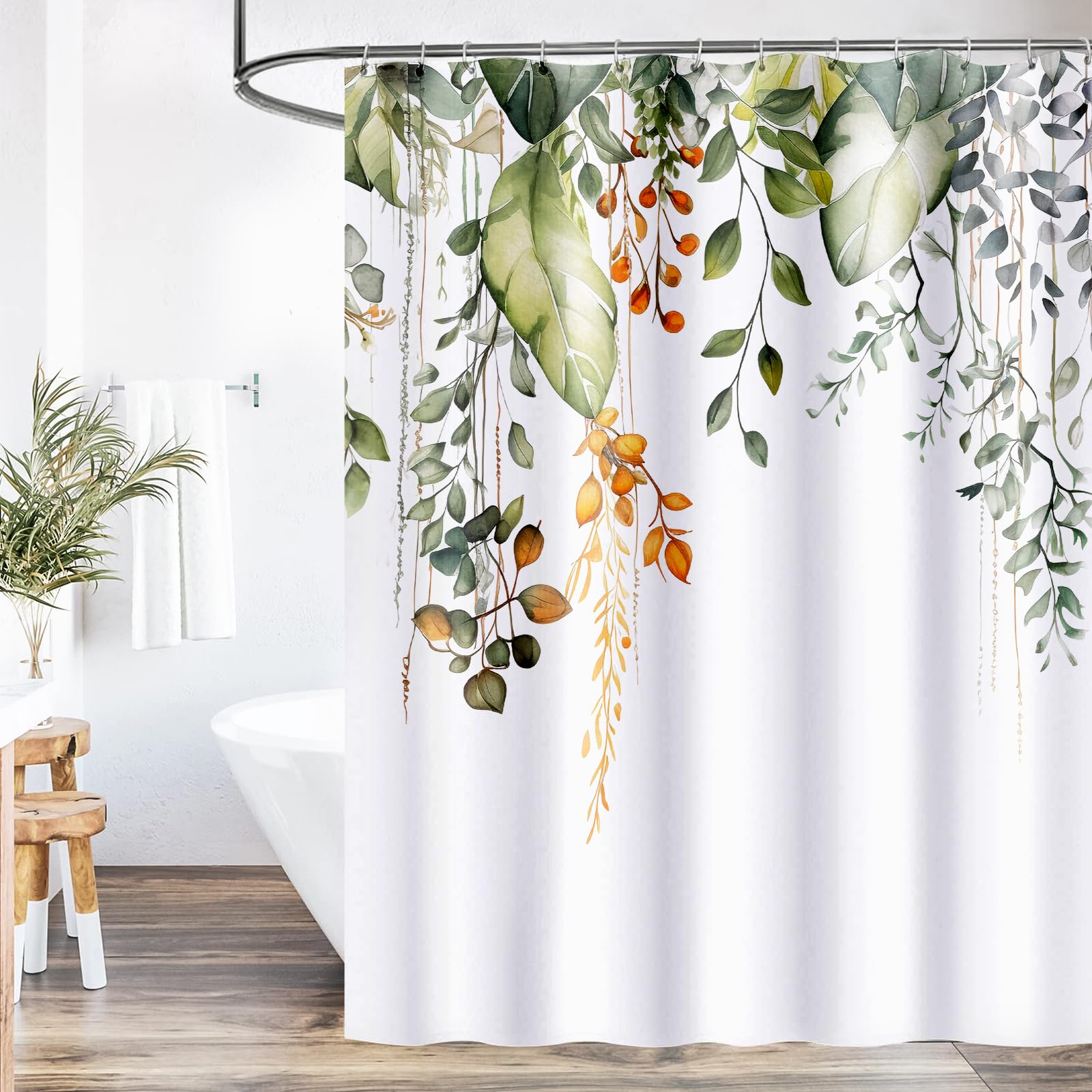 Hellmei Green Eucalyptus Shower Curtains For Bathroom Watercolor Natural Plant Flower Leaves Shower Curtain Waterproof Fabric Ba