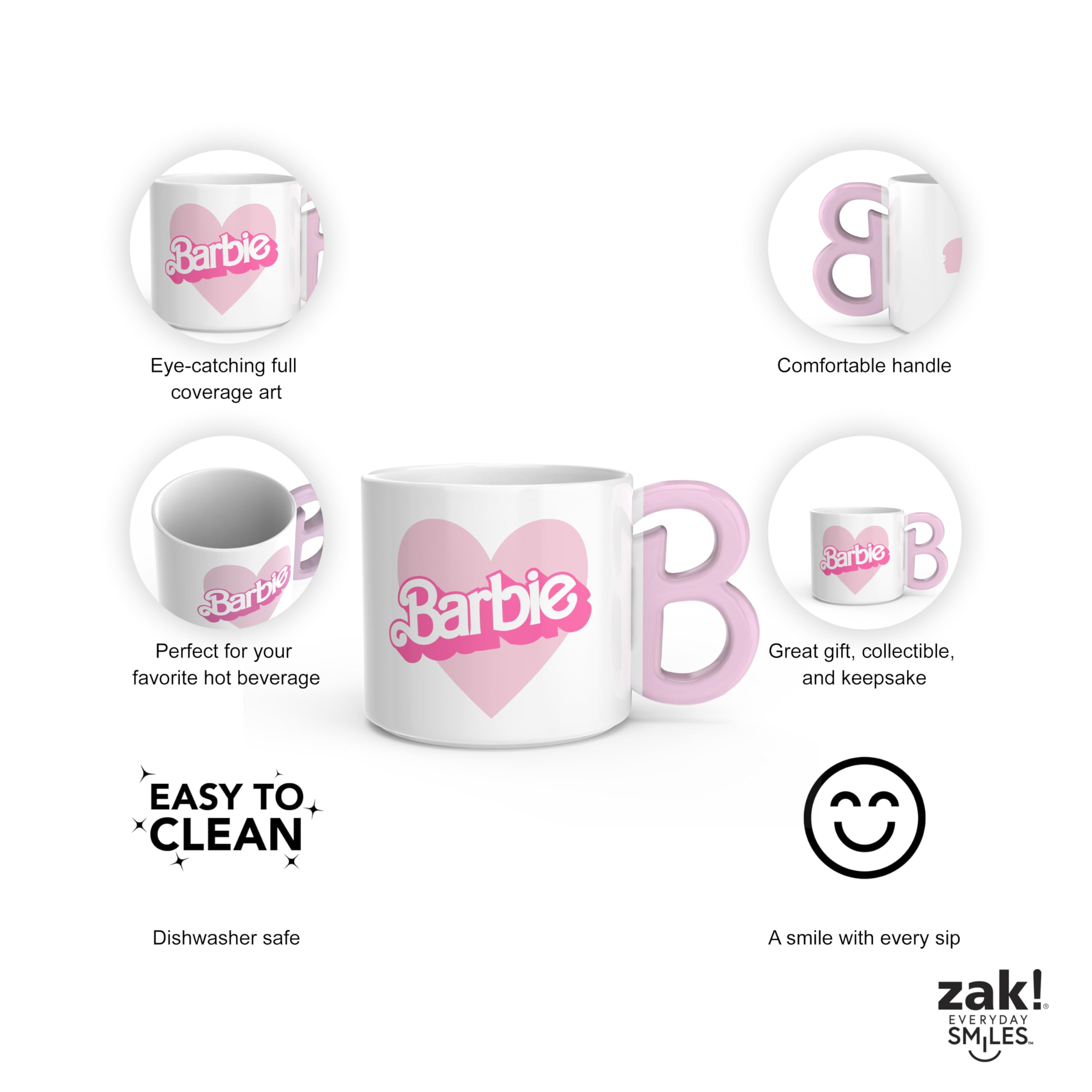 Zak Designs Barbie Ceramic Coffee Mug For Hot Drinks, Collectible Keepsake With Sculpted Handle (15 Oz, Barbie)