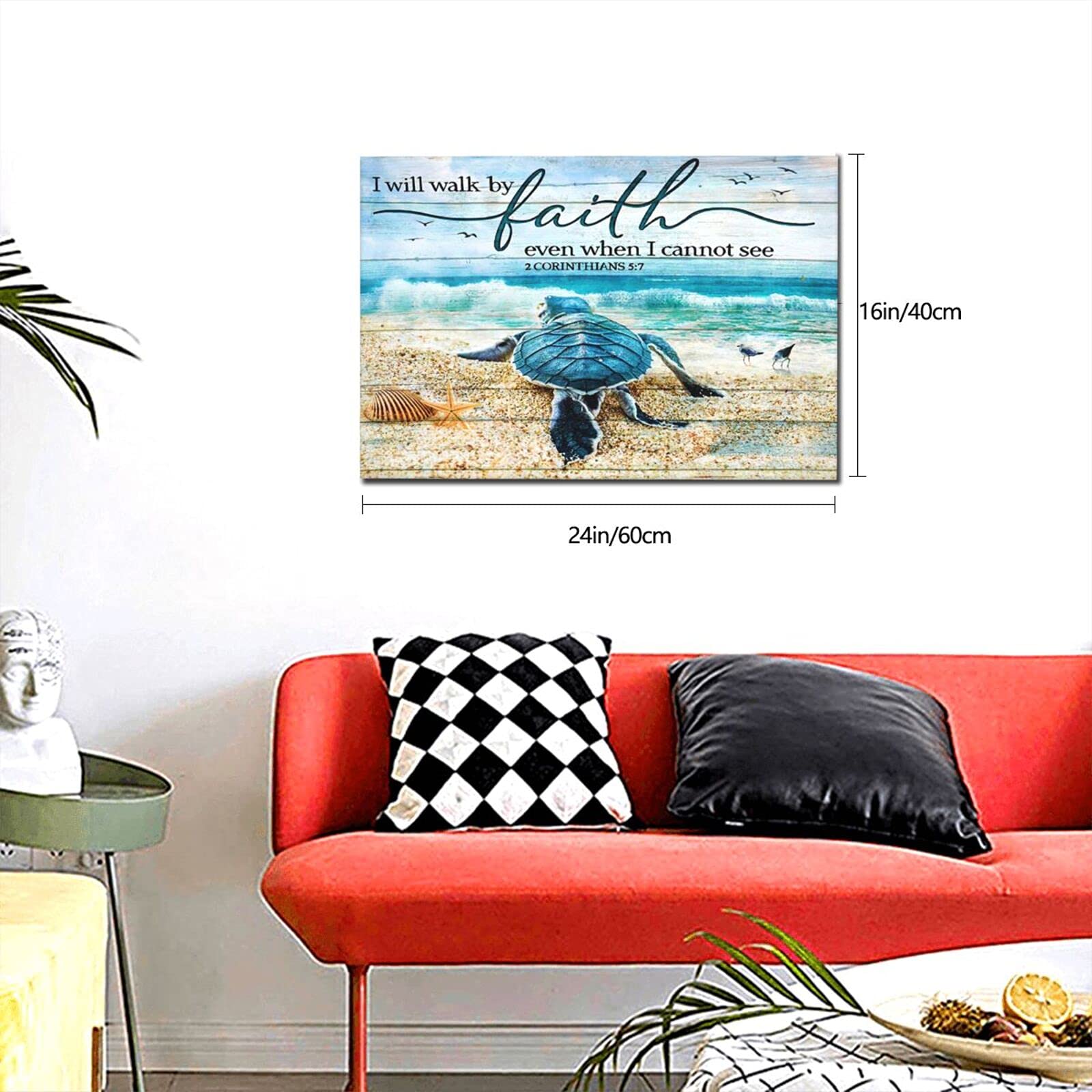 Tourrest Scripture Holy Bible Wall Art Teal Sea Turtle Walk By Faith Canvas Print Inspirational Quote Framed Blue Ocean Beach Co